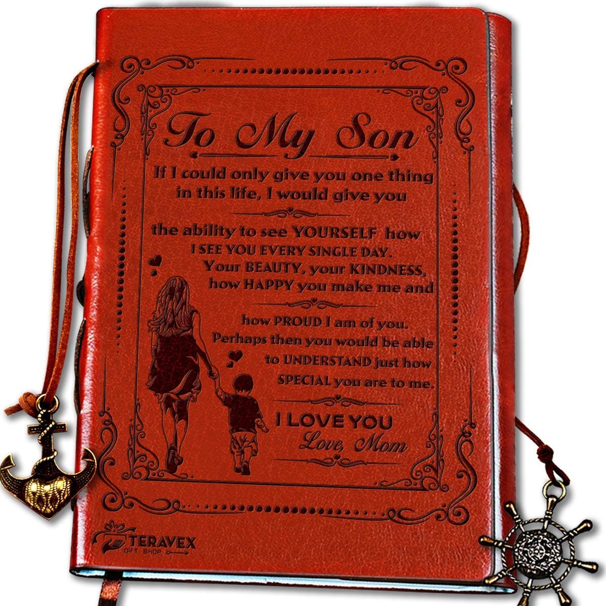 Mom To Son Gifts - Writing Journal, Lined Refillable Journal, Personal Travel Diary, 6x8.75 Faux Leather Cover Writers Notebook - Anniversary Birthday Gift for Back to College Students, Teen Boys