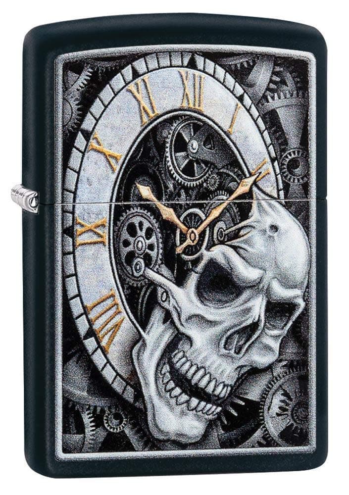 Skull Clock Design Black Matte Pocket Lighter, One Size (29854)