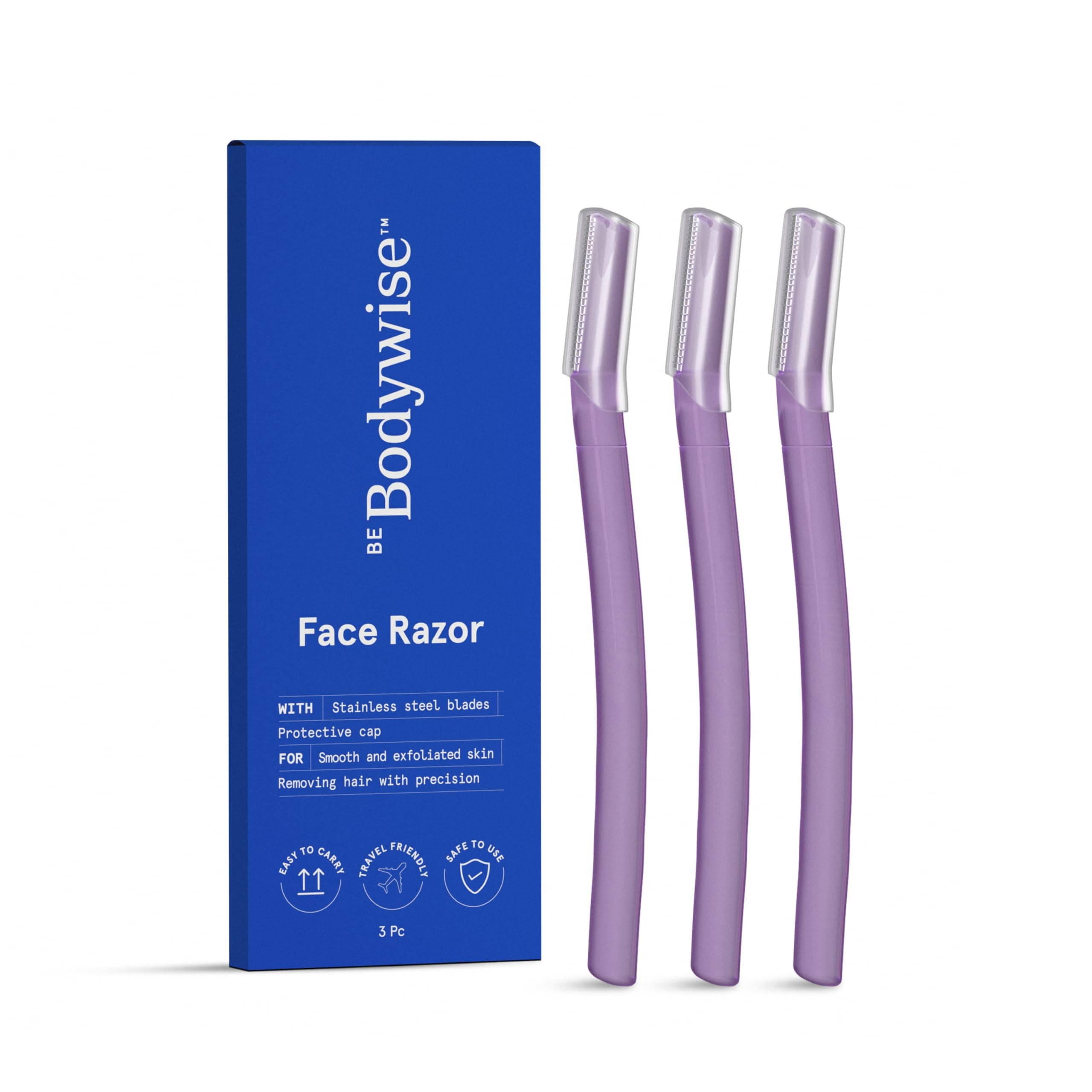Be Bodywise Reusable Face Razor For Women| Instant & Painless Hair Removal | Suitable For Eyebrow, Upper Lip, Chin | Stainless Steel Blade & Firm Grip | Purple (3 Count (Pack Of 1))
