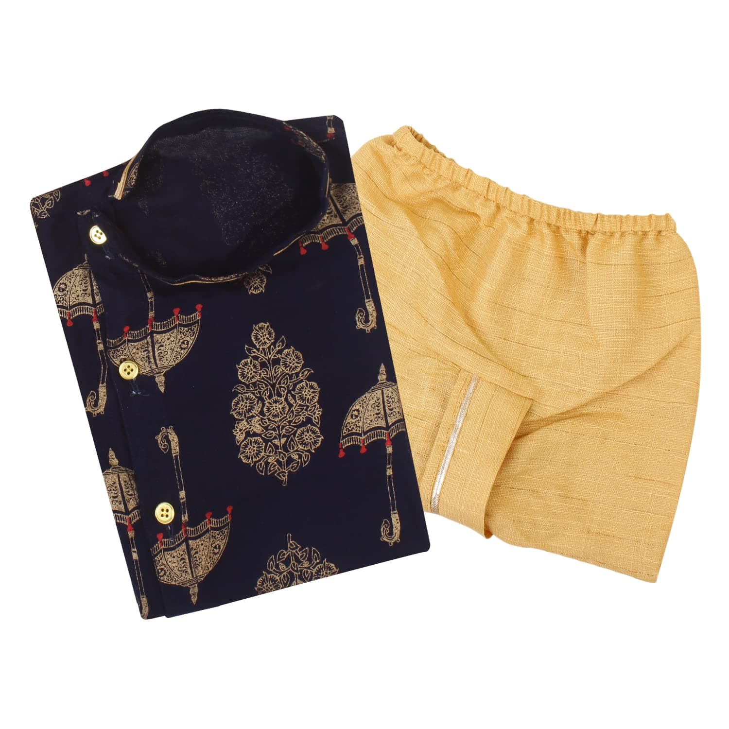 superminis Boy's Golden Foil Printed Side Open Cotton Kurta, Round Collar, Full Sleeves With Cream Color Dhoti Clothing Set