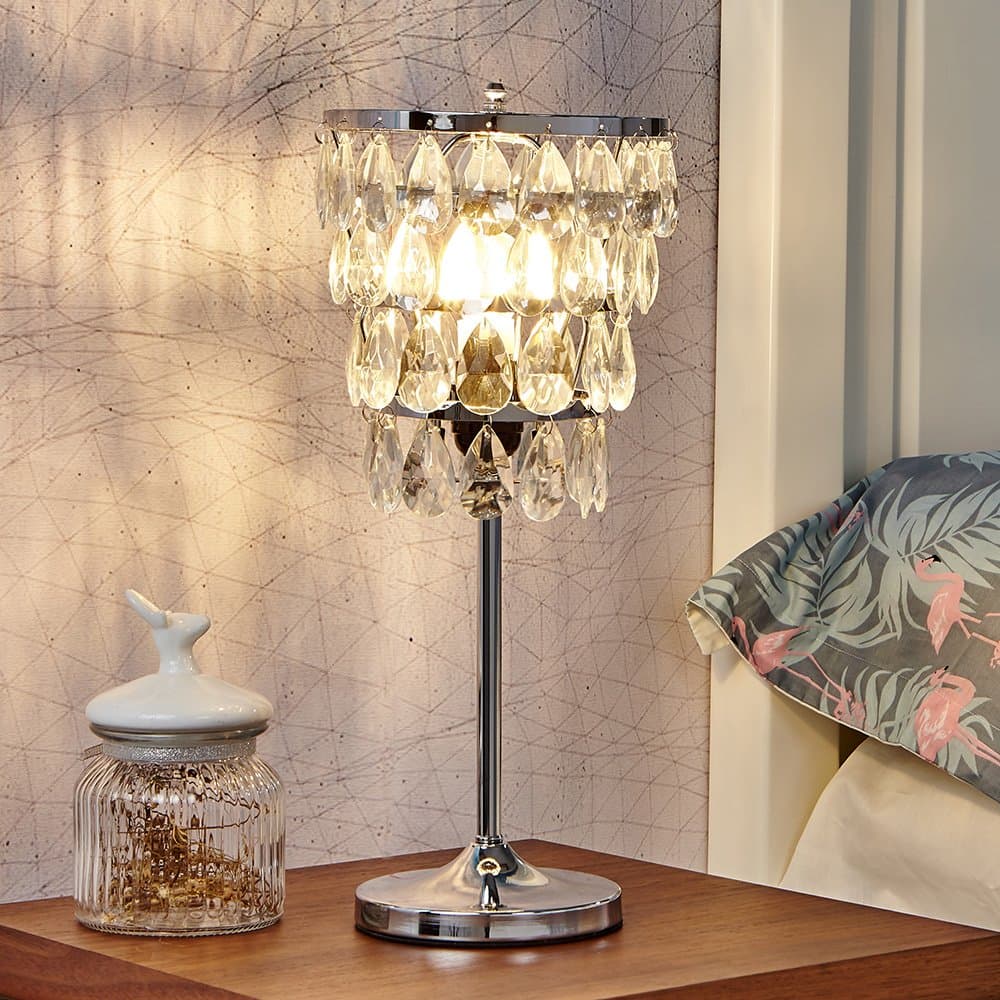 Glanzhaus Modern Style Crystal Beads Shades Chrome Finished Base Crystal Table Lamp, Desk Lamp 17.7" H Side Table Lamps for Living Room Bedroom