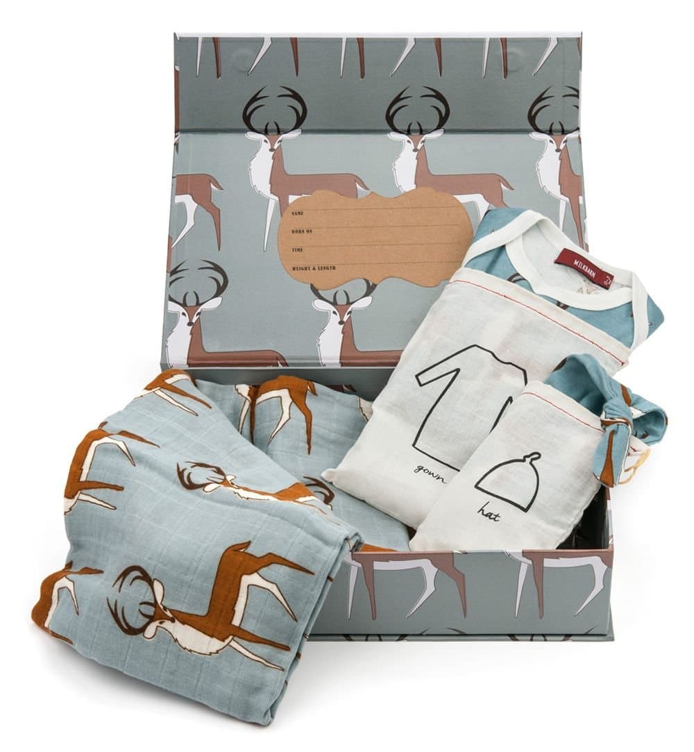 Milkbarn Organic Newborn Gown, Hat and Swaddle Blanket Keepsake Set, Grey Buck by MilkBarn