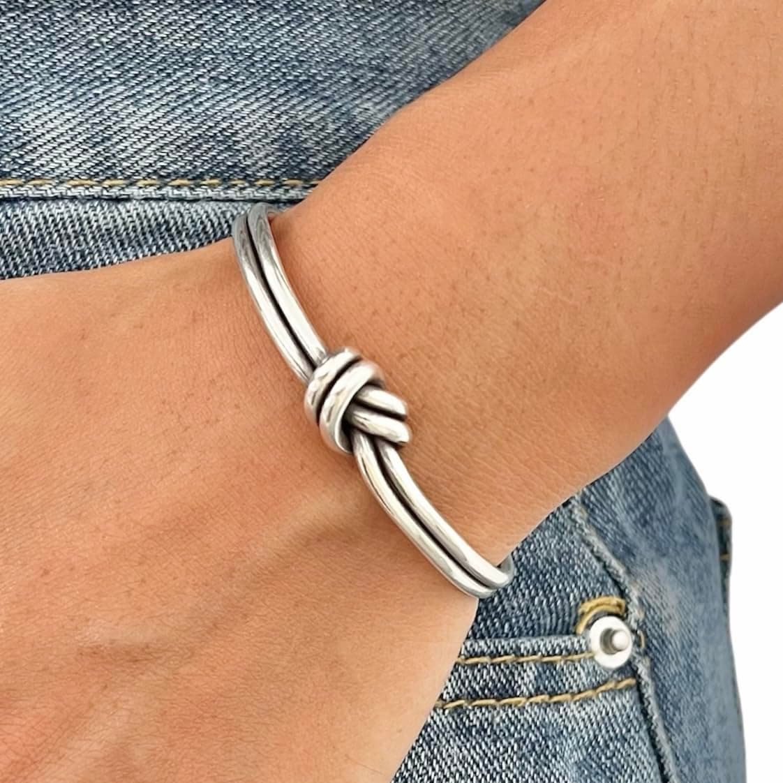 Handmade Sterling Silver Knot Cuff Bracelet, Minimalist Rustic Simple Tied Silver Wires, Adjustable 6 1/2 inches Cuff, Gift for Her