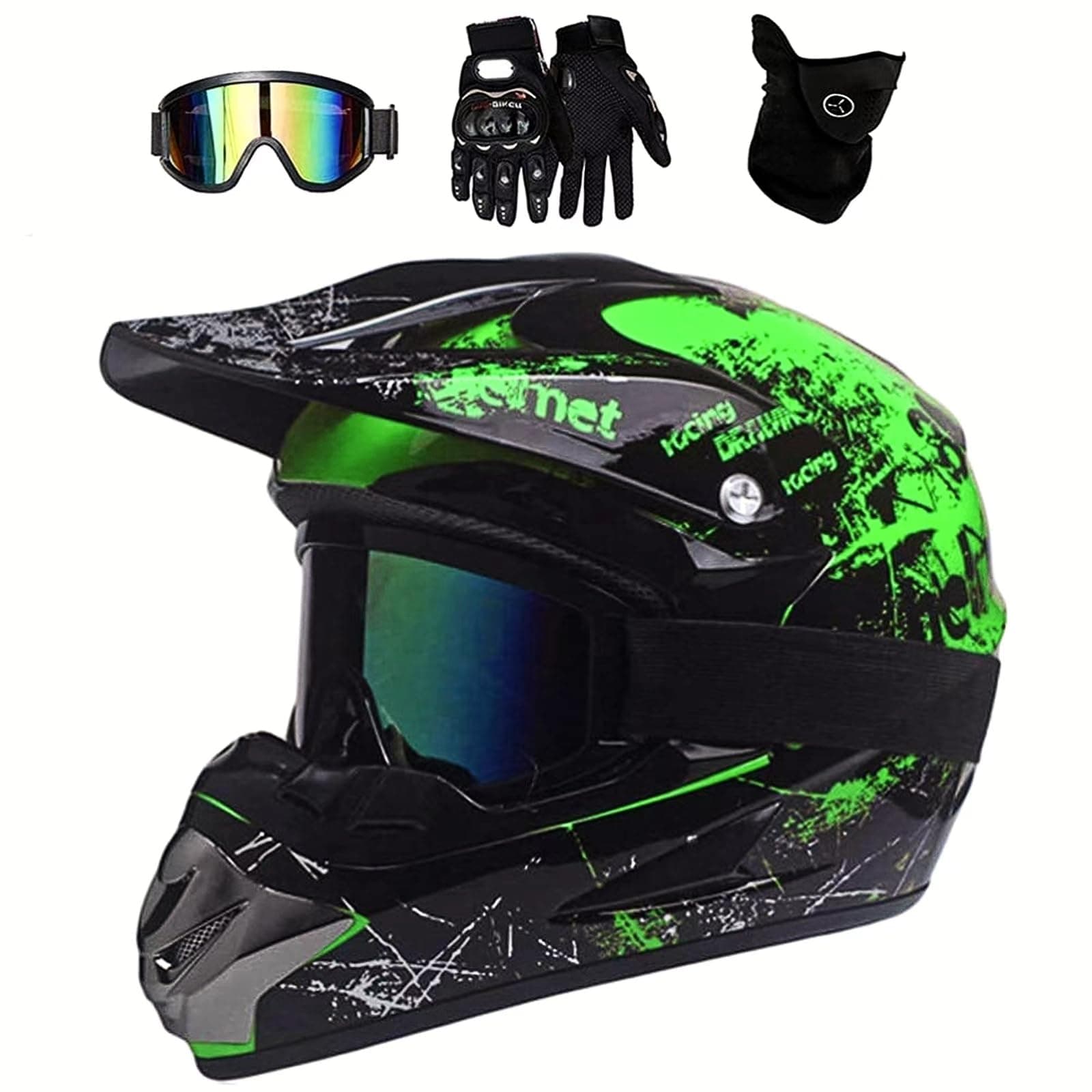 UIGJIOGMotocross Helmet,Youth ATV Dirt Bike Motorcycle Helmet, Full-Face Off Road Motorcycle Crash Helmet,BMX 4-Wheeler Off-Road Mountain Bike Helmet,With Gloves Goggles Mask