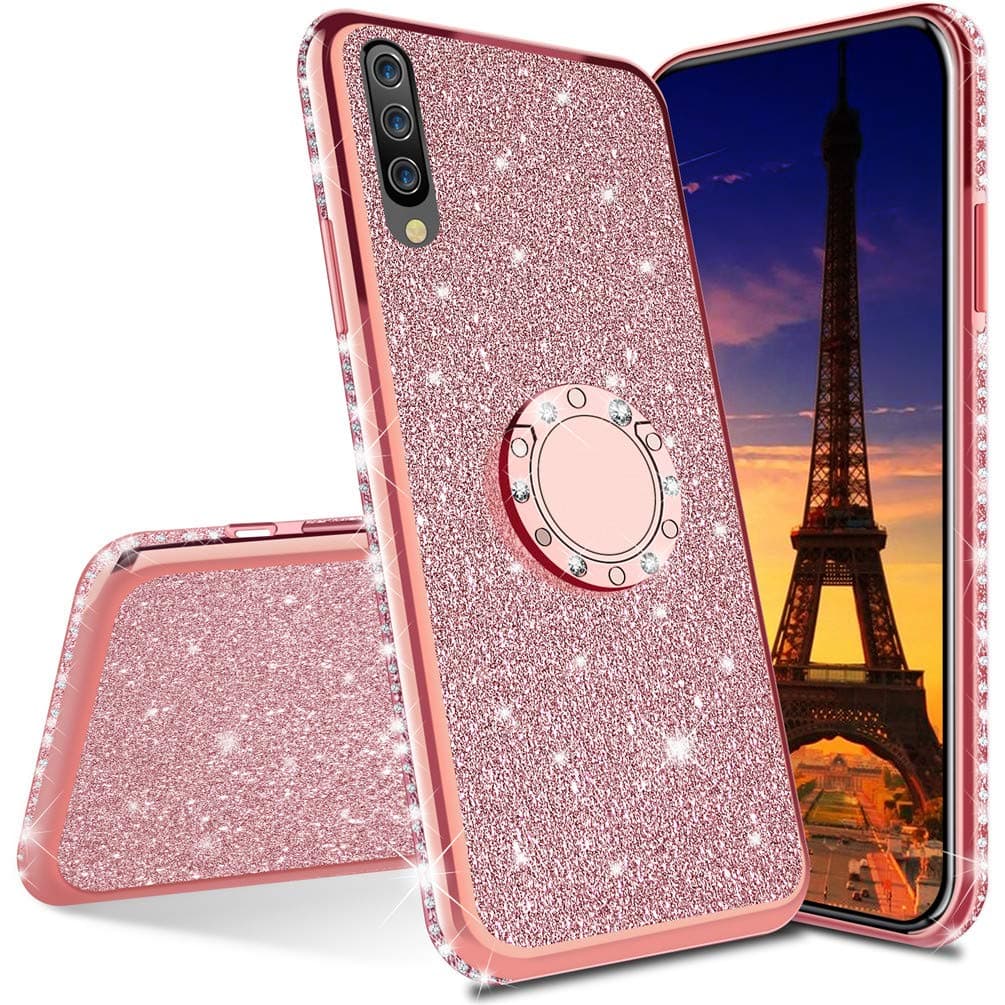 COTDINFORCA Samsung Galaxy A70 Case,Cute Girly Glitter Bling Diamond Rhinestone Bumper with Ring Kickstand Sparkly Pink Protective Phone TPU Cover Case for Samsung Galaxy A70.Bling - Rose Gold