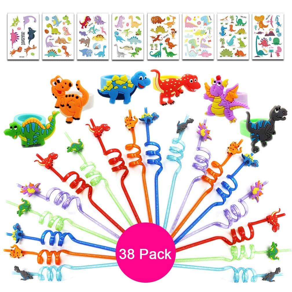 Dinosaur Straws Party Favor - 38Pcs Dinosaur Drinking Plastic Straws Reusable| Dinosaur Rings for Party Supply| Dino Tattoos Stickers for Jurassic Park Theme Party Favor Supplies