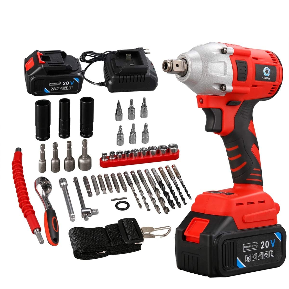 Cordless Impact Wrench Brushless Motor 320 Nm Max Torque, 20V 4.0 AH Battery with Fast Charger,3 Speed Switch, Multifunction, 44 Accessories with Tool Box