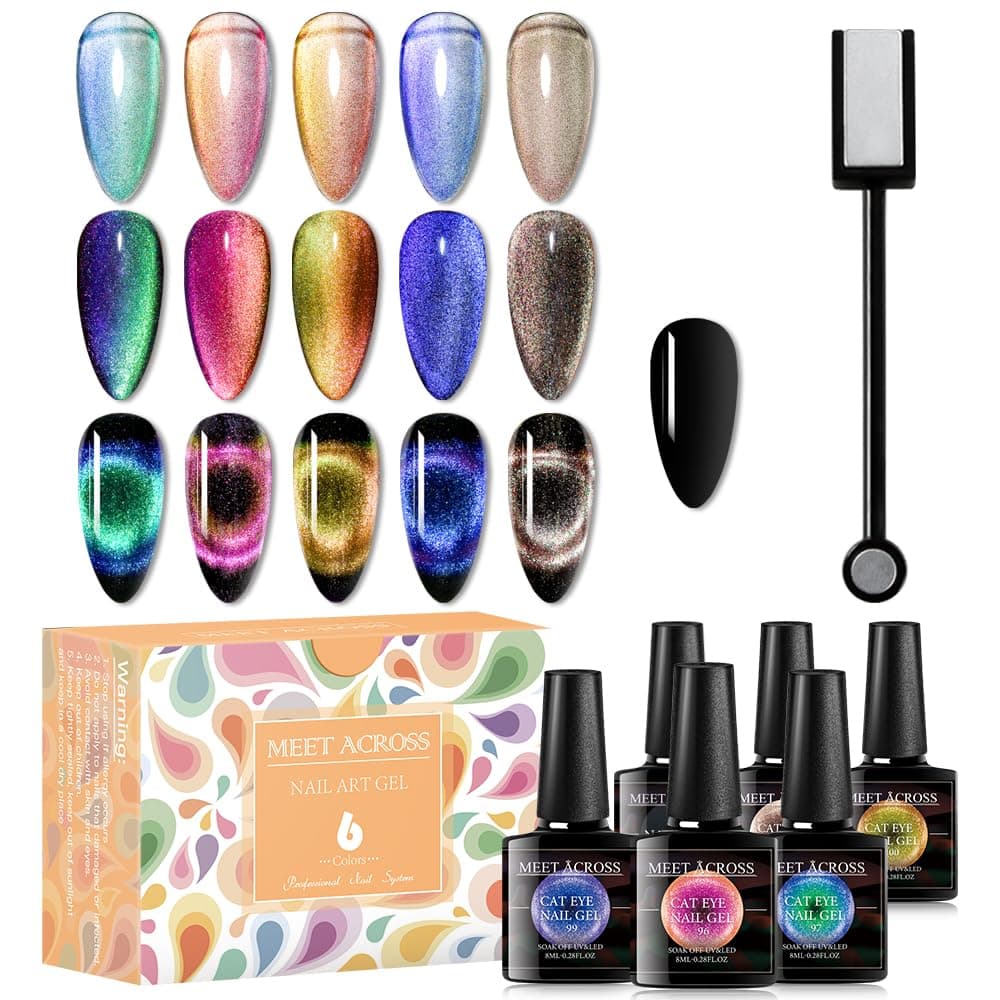 MEET ACROSS 9D Cat Eye Gel Nail Polish Set 6 Colors Magnetic Cat Eye Gel Nail Polish Set Soak Off UV LED Light Starry Sky Effect Magnetic Nail Polish Kit Manicure Nail Art Gift Kit