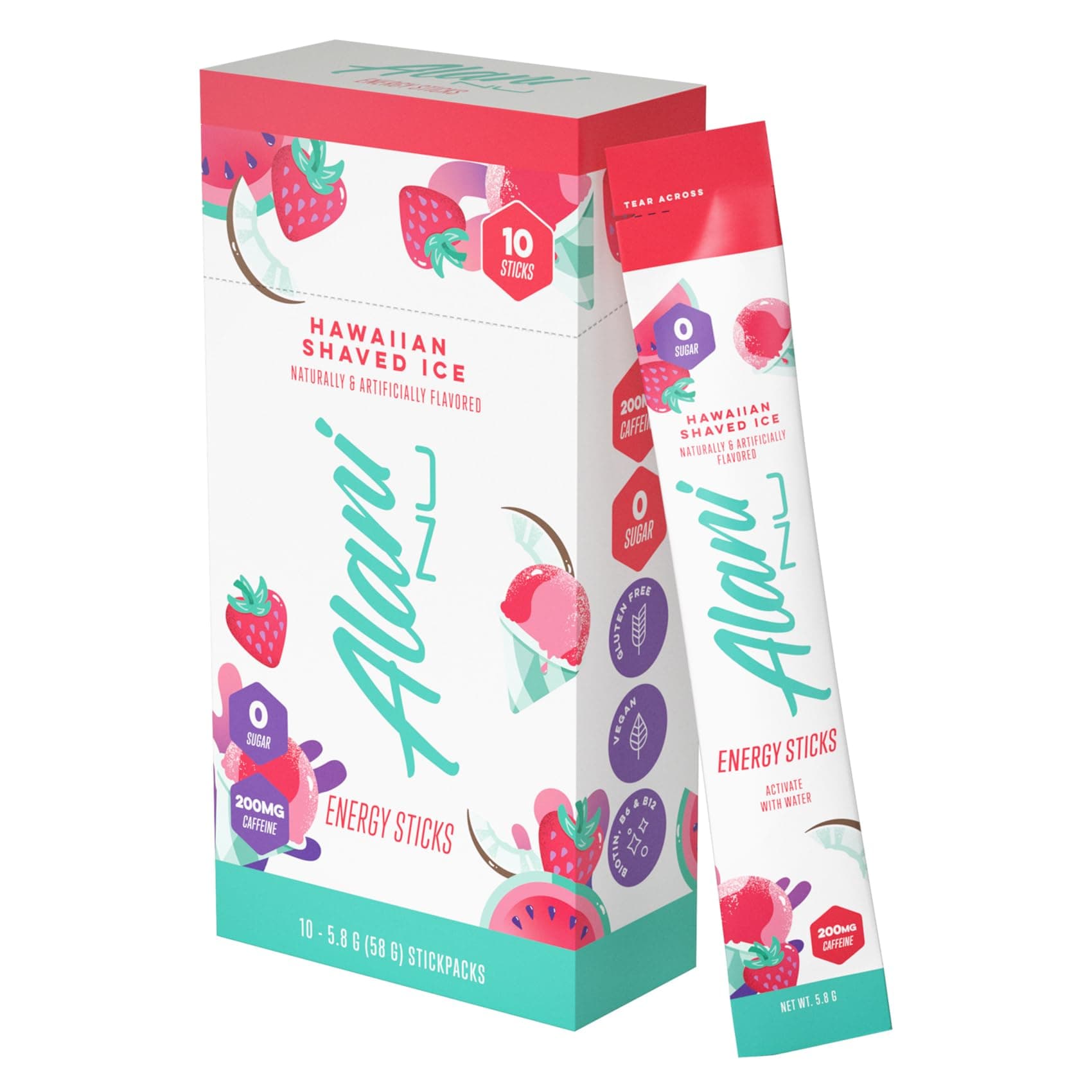 HAWAIIAN SHAVED ICE, Energy Sticks Drink Powder, 200mg Caffeine, Pre Workout Performance with Antioxidants, On-The-Go Drink Mix, Biotin, B Vitamins, Zero Sugar, 5 Calories, 10 Pack