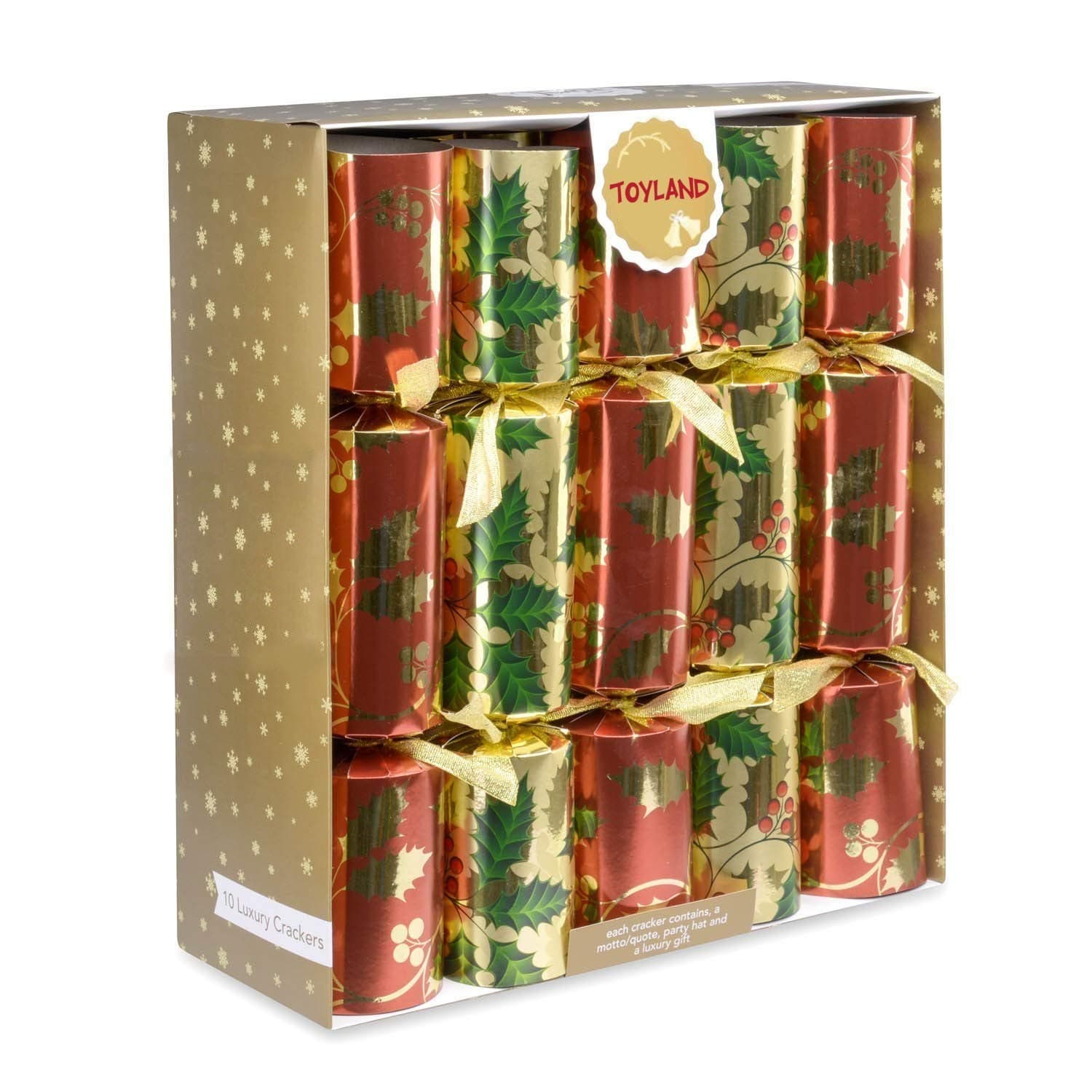 Toyland® Pack of 10 - 36cm Luxury Red, Green & Gold Foil Christmas Party Favours with Holly Design - Tree Decorations