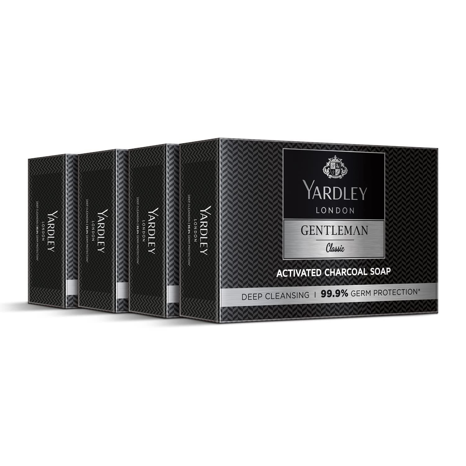 Yardley London Gentleman Classic Activated Charcoal Soap| 99.9% Germ Protection and Deep Cleansing| Daily Bathing Bar Soap For Men| Masculine Fragrance| 100g (Pack of 4)