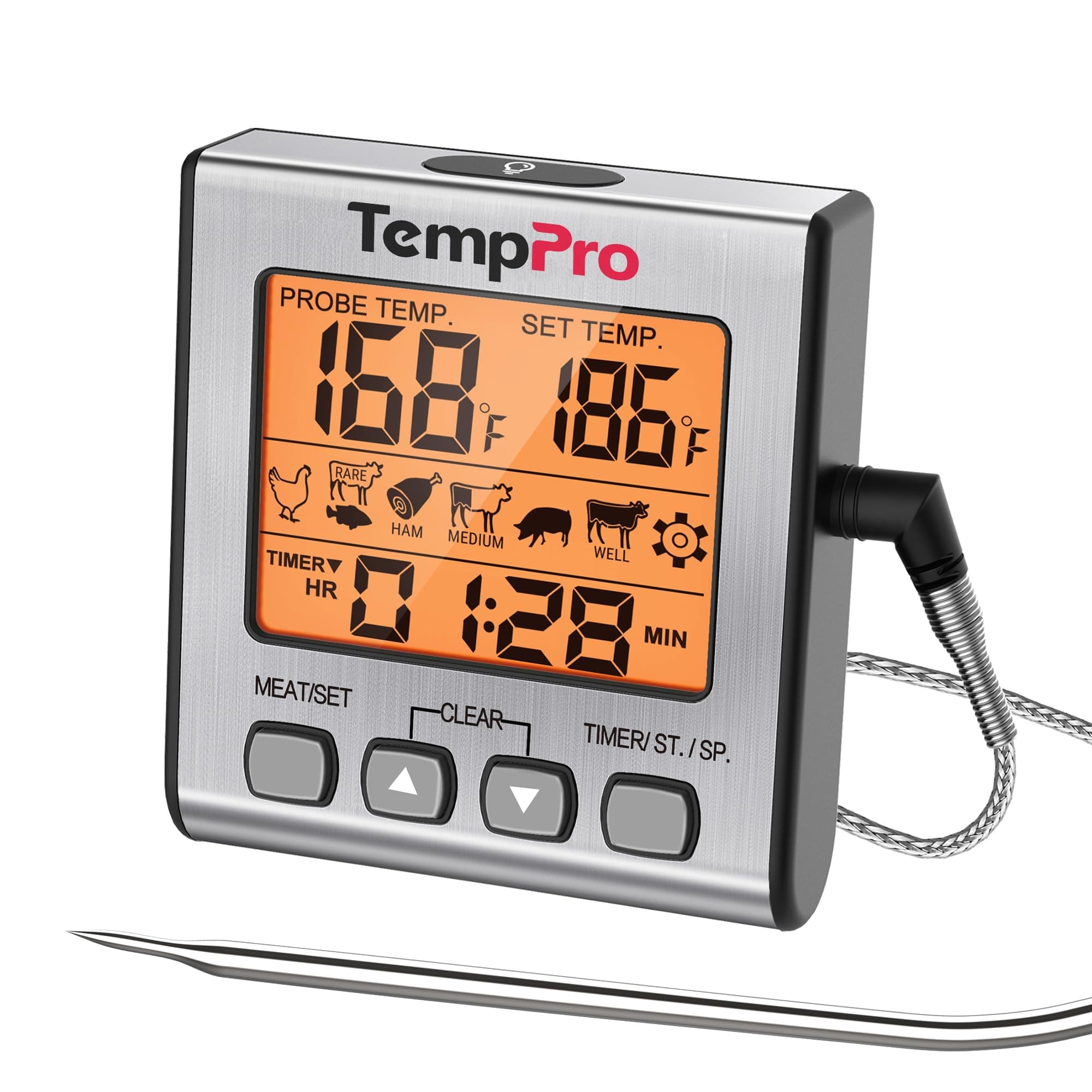 ThermoPro TP16S Digital Meat Thermometer Accurate Candy Thermometer Smoker Cooking Food BBQ Thermometer for Grilling with Smart Cooking Timer Mode and Backlight