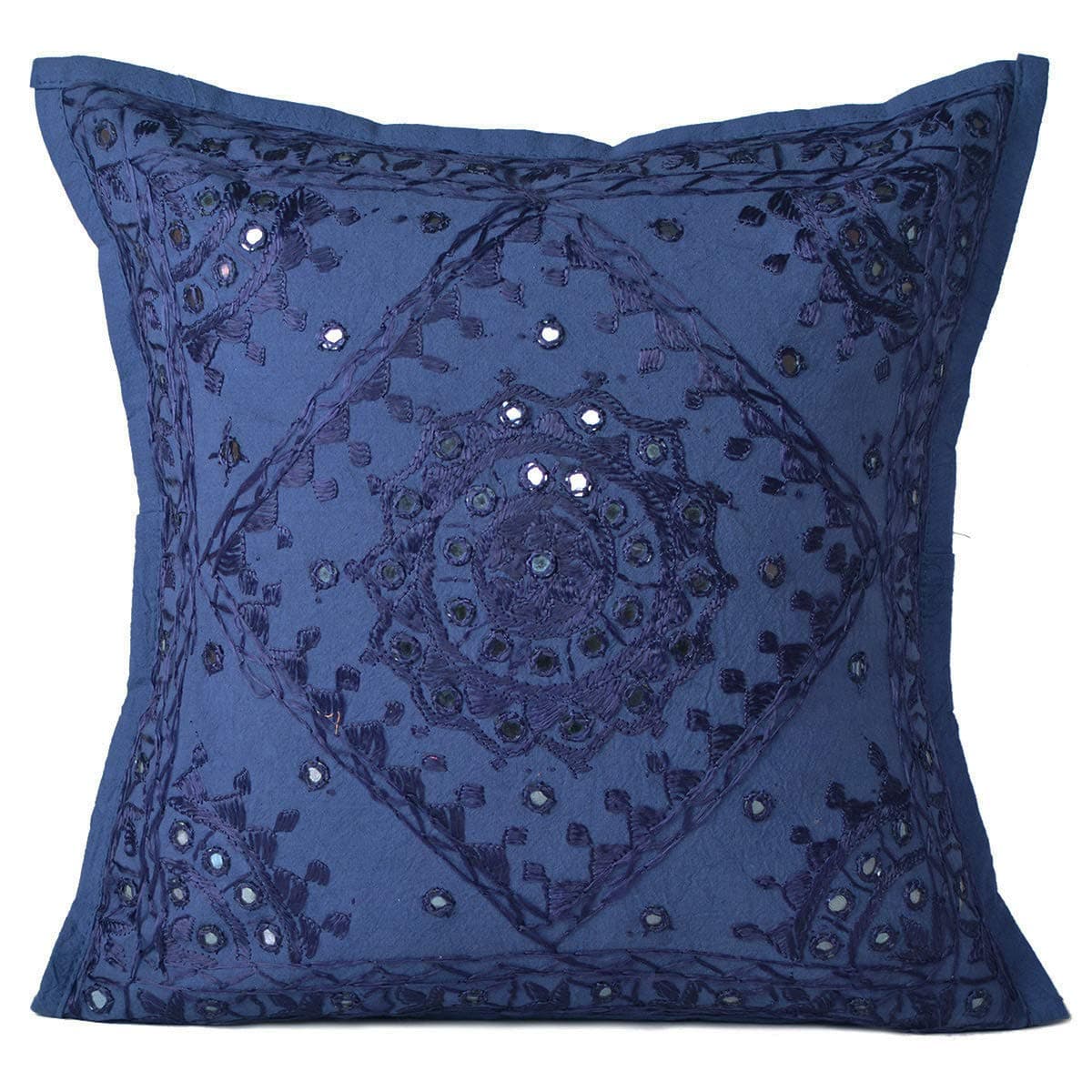 Vintage Cushion Cover 16x16 Geometric Embroidered Pillow Shams Unique Cotton Pillowcases Throw Pillow Cover (Dark Blue)
