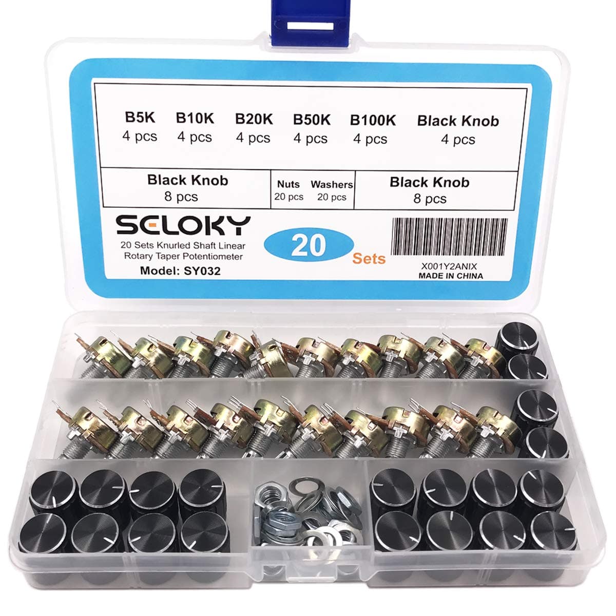 Seloky 20 PCS (Five Resistance Values) 5K-100K Ohm Knurled Shaft Linear Rotary Taper Potentiometer with Black Knob(WH148) Kit