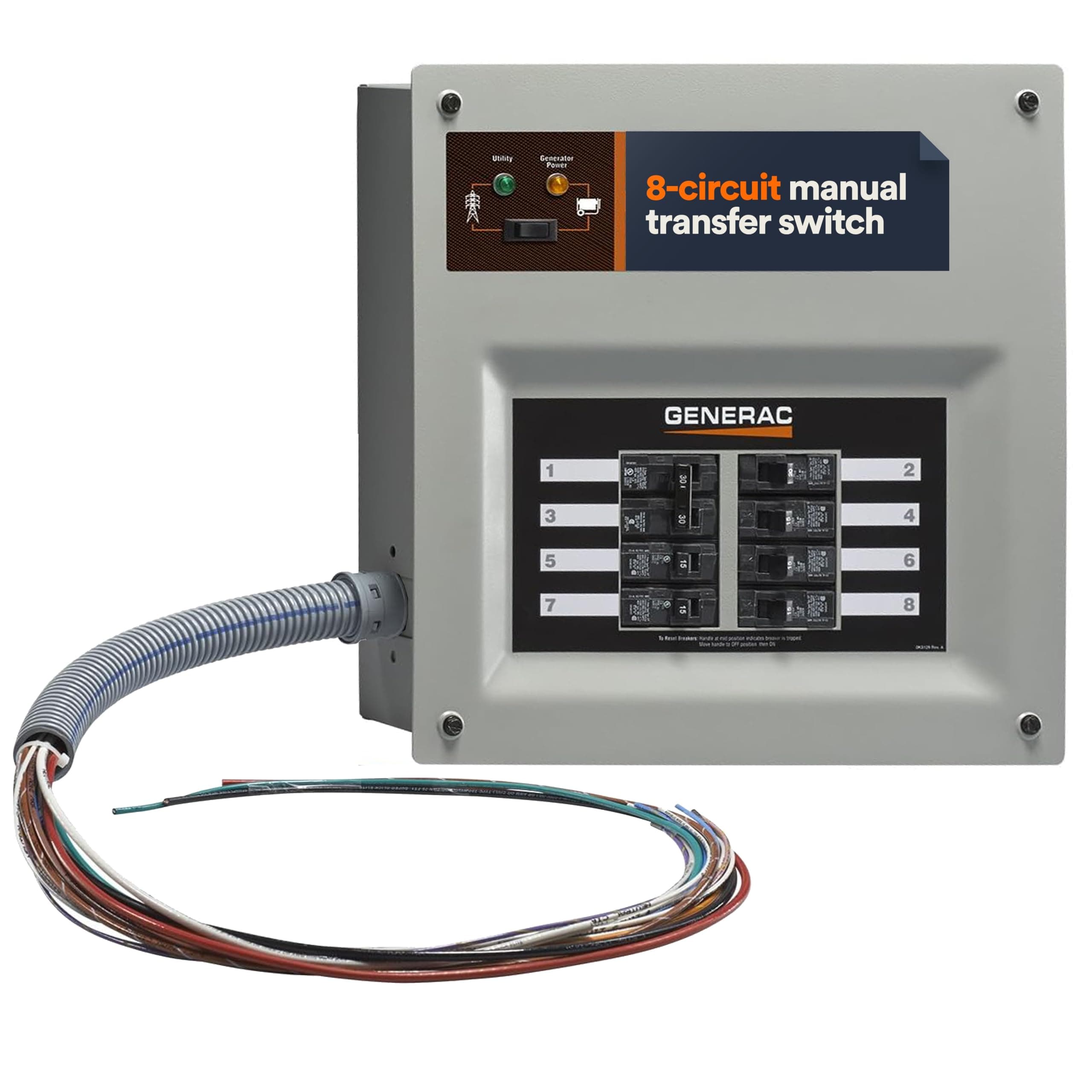 Generac 30 Amp 10-Circuit Indoor Transfer Switch Kit, Push Button Actuated, Manual/Automatic Operation