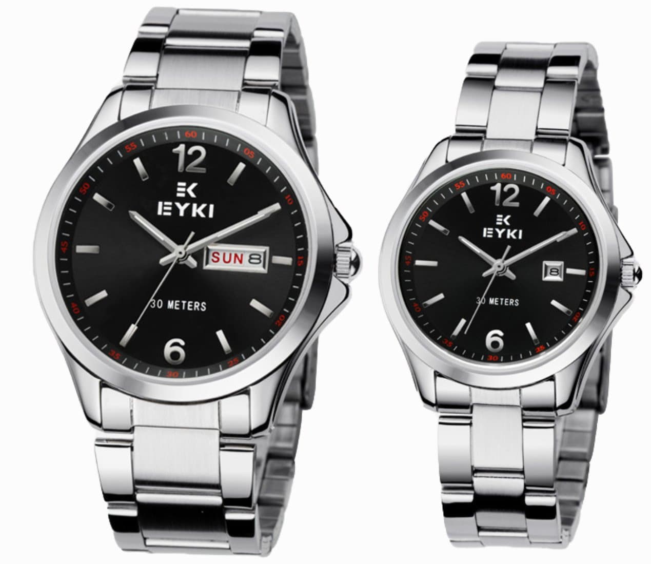 NIUBILITY Ori-0154 Black Dial & Silver Bezel Couple Quartz Watches for Lovers with Day-and-date Calendar