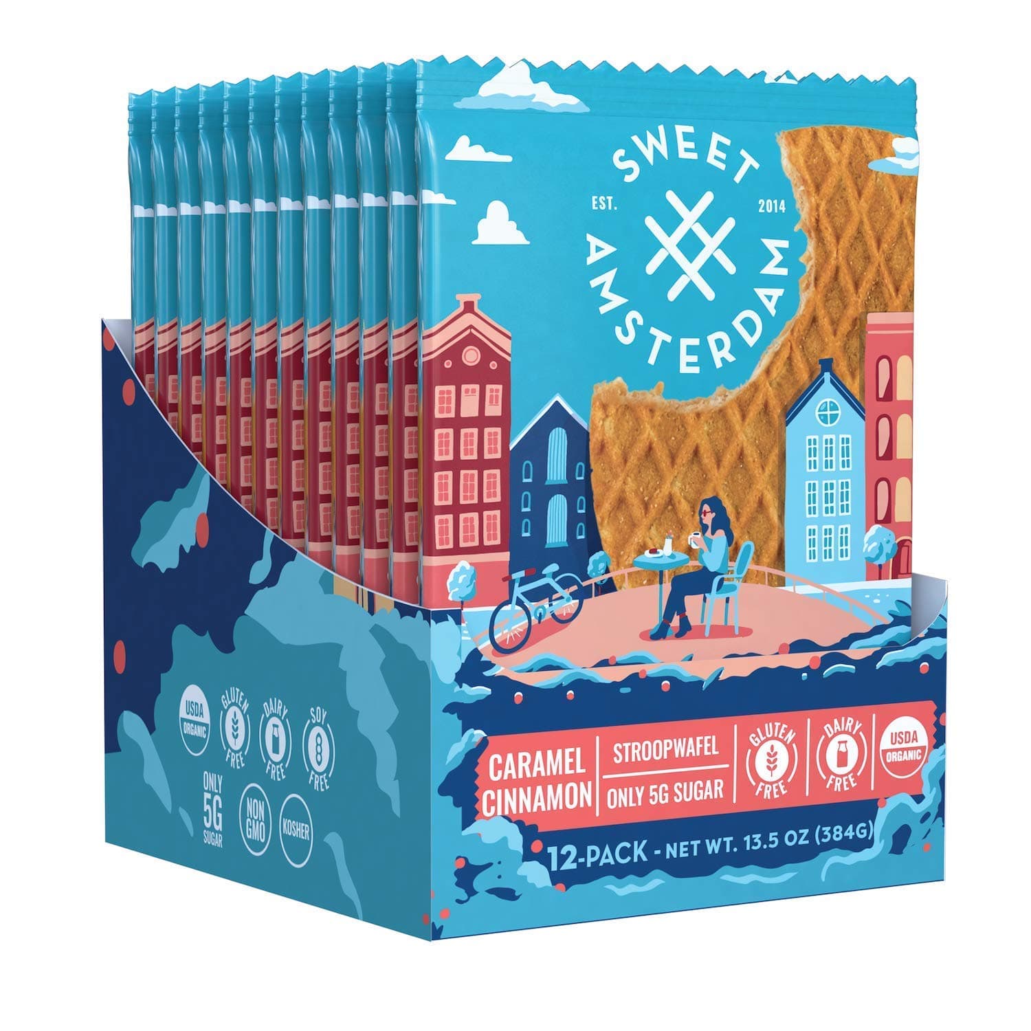 Sweet Amsterdam Stroopwafel Cookies | Gluten Free, Dairy Free, Non-GMO Waffle Snacks | Hand Made in USA Wafer Snacks | Caramel Cinnamon | 12-PACK