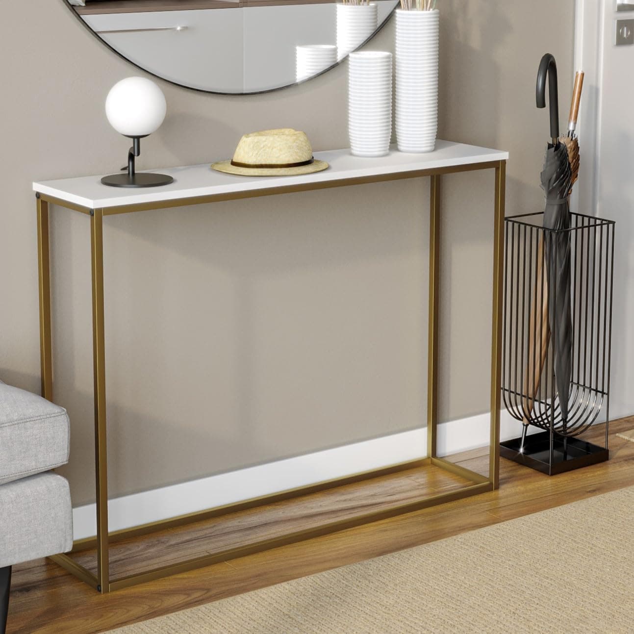 URBNLIVING Wooden Hallway Console Table with Metal Legs (White Top and Gold Legs)
