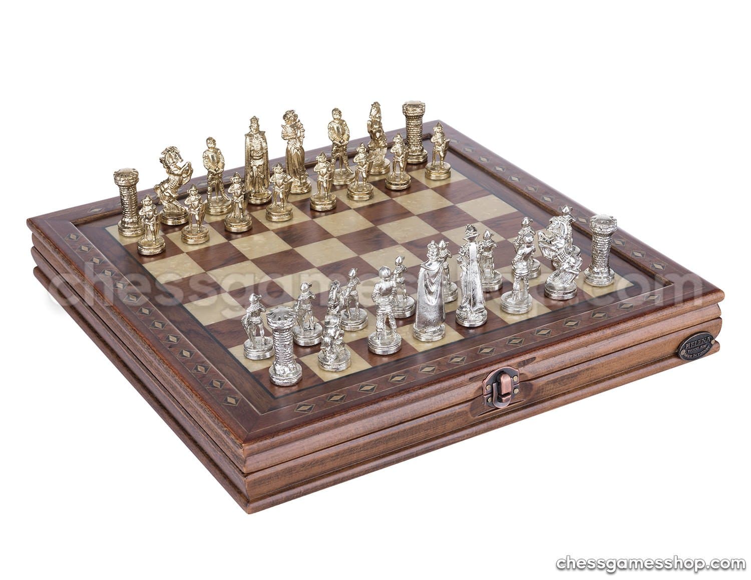 Chess and Games Shop Muba Luxury Handmade Chess Set - Brass Chessmen, Rosewood Mosaic Chess Board - Gift Item, 2 Players, Age 8+