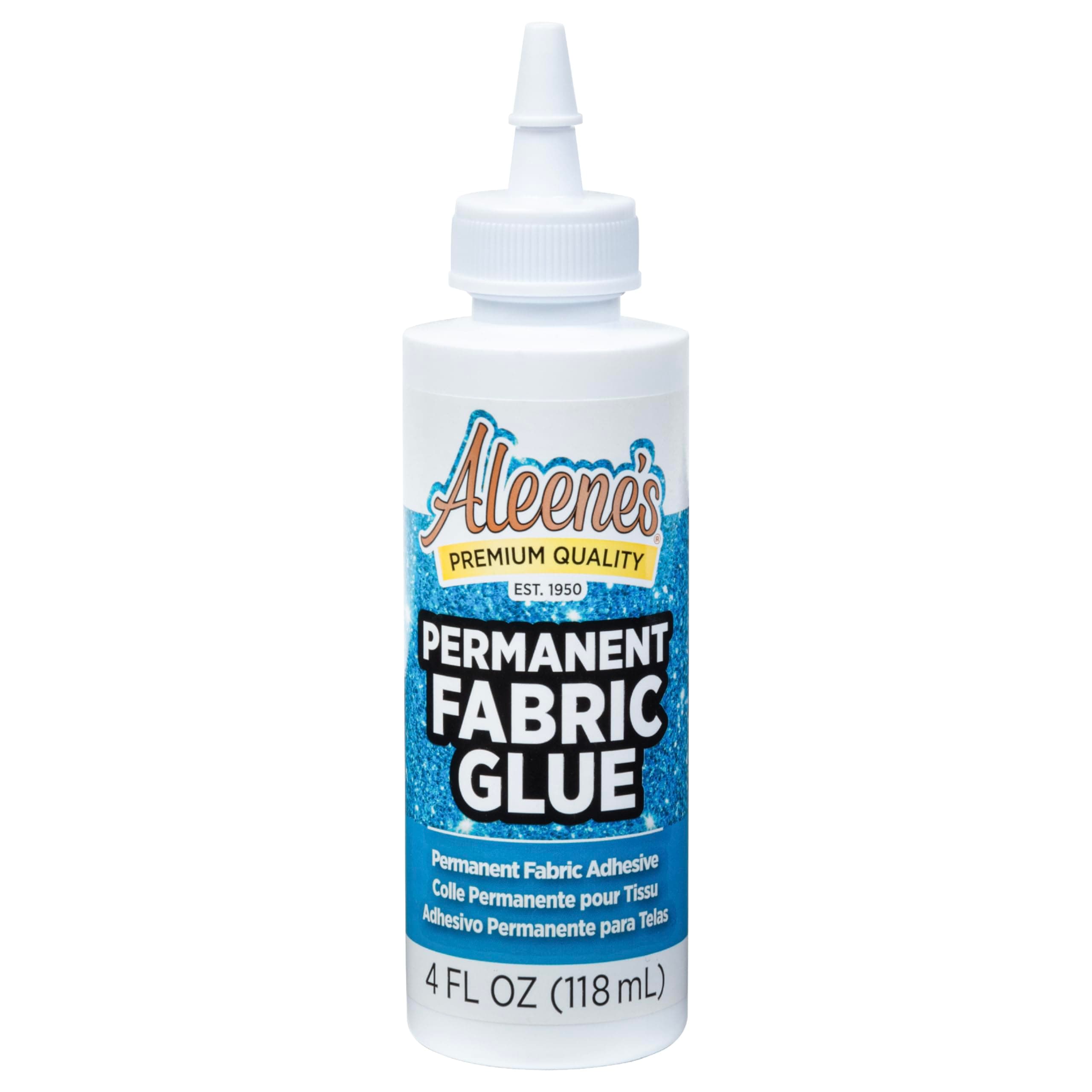 Aleene's Permanent Fabric Glue 4 fl oz, Machine Washable Adhesive, No-Sew Strong Bond Adhesive for Clothing, Denim, Polyester, Cotton, Flannel Materials, Dries Flexible