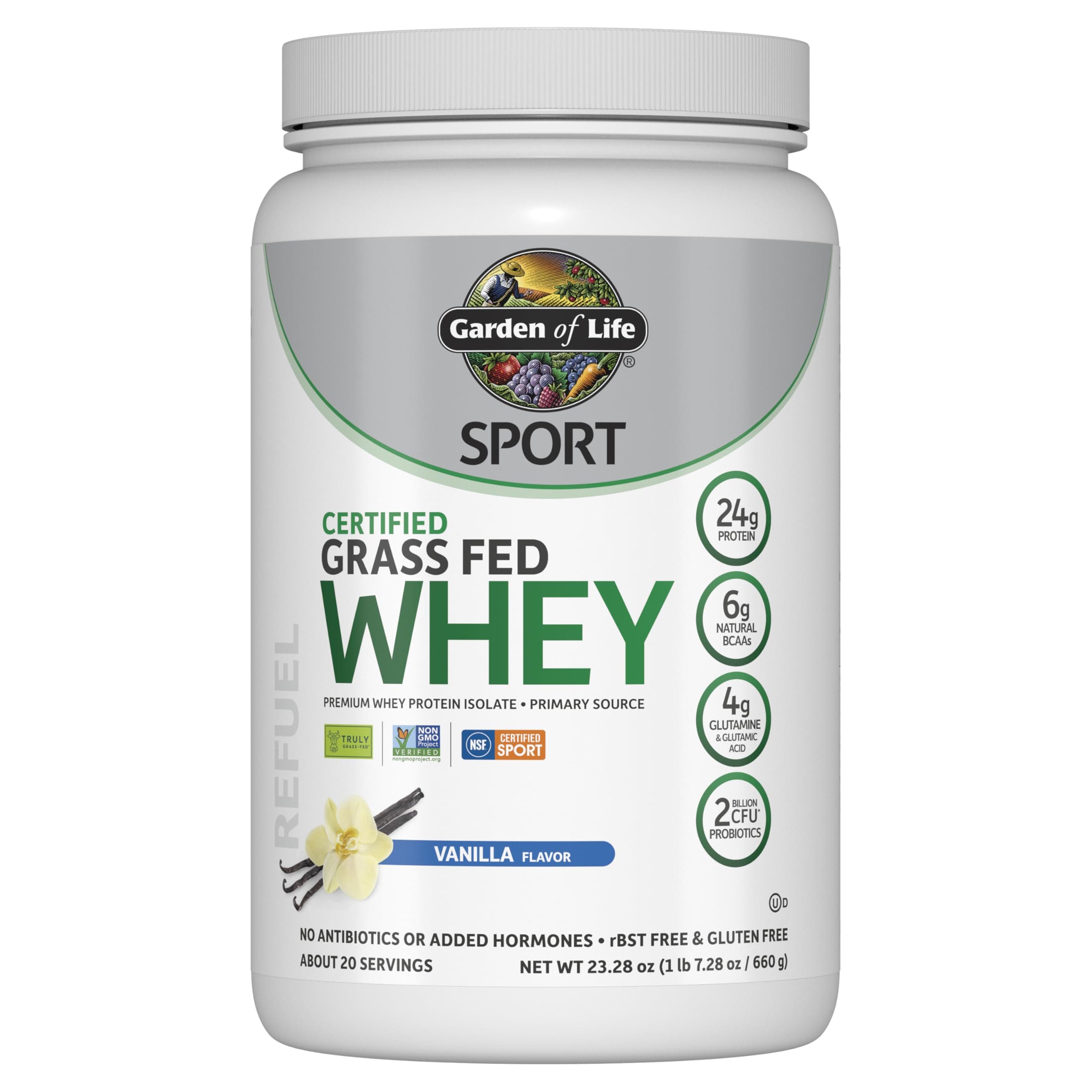 Sport Grass Fed Whey Protein Powder – 24g Whey Protein Isolate for Women & Men with Probiotics & Glutamine, Non-GMO, Gluten-Free, Cold-Processed, Vanilla Flavor, 20 Servings