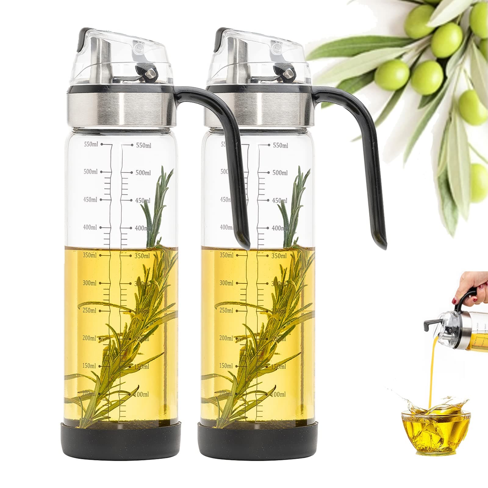 Borosilicate Glass Olive Oil Dispenser Bottle, Auto Flip Bottles For Kitchen, 18 Oz With Leakproof Cap, Easy Clean And Vinegar Set Of 2, 550 Ml