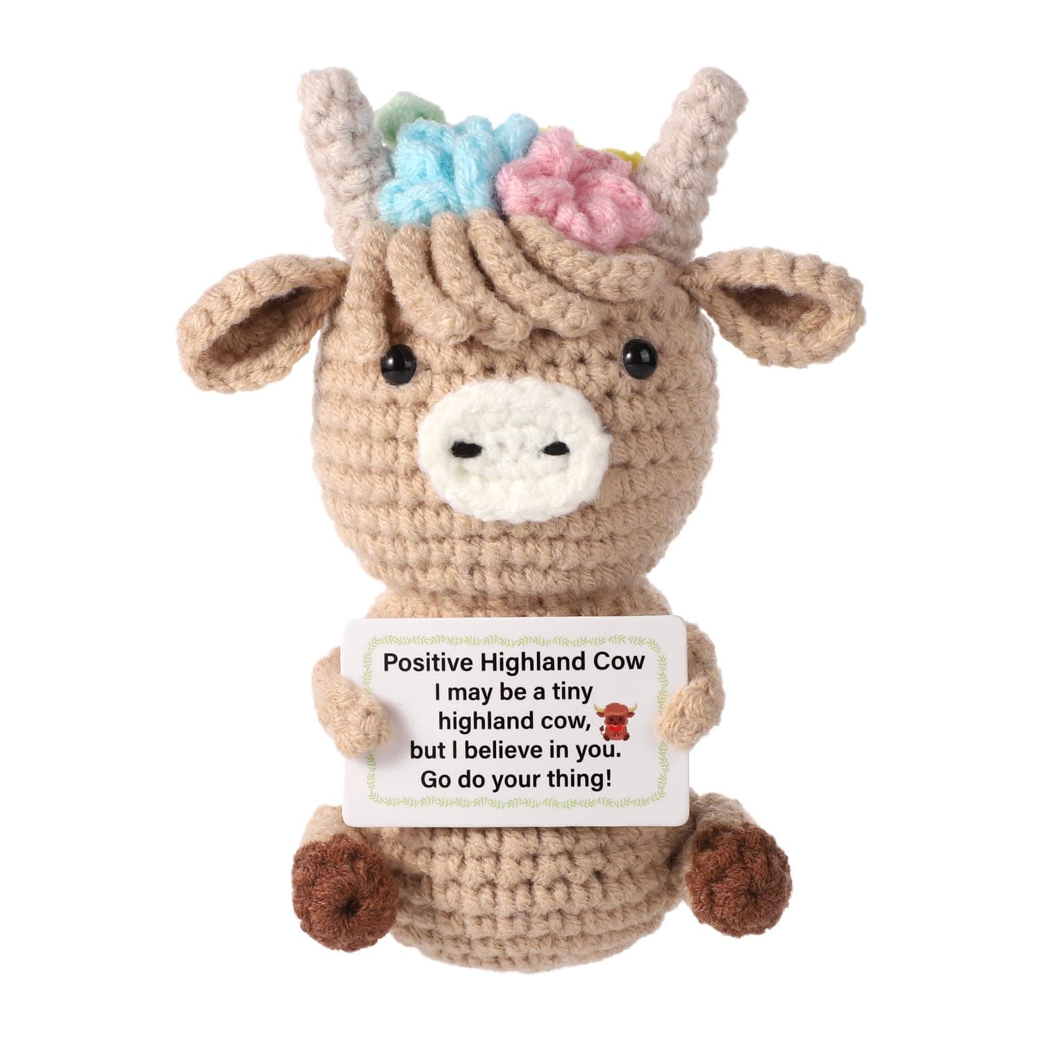 TOYMIS Knitted Highland Cow, Funny Cute Positive Animal Inspirational Potato Doll with Positive Card Uplifting Toy Gift for Friends Family Party Ornament Decoration