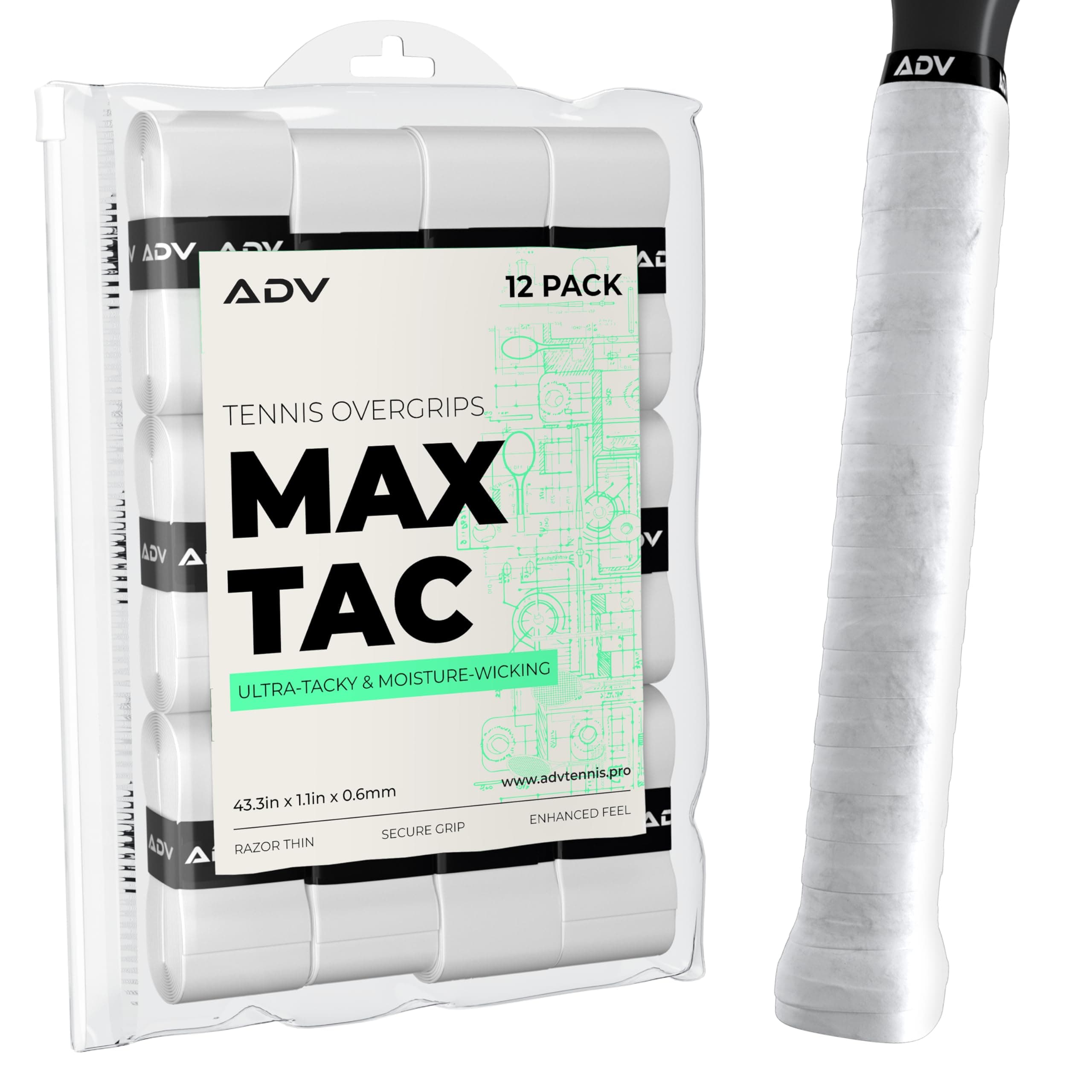 ADV MaxTac Tacky Tennis Overgrip - 12 Pack Extremely Sticky Non-Slip Tennis Grips Overgrip - Razor-Thin & Easy to Use Pro Tennis Racquet Grip Tape, White