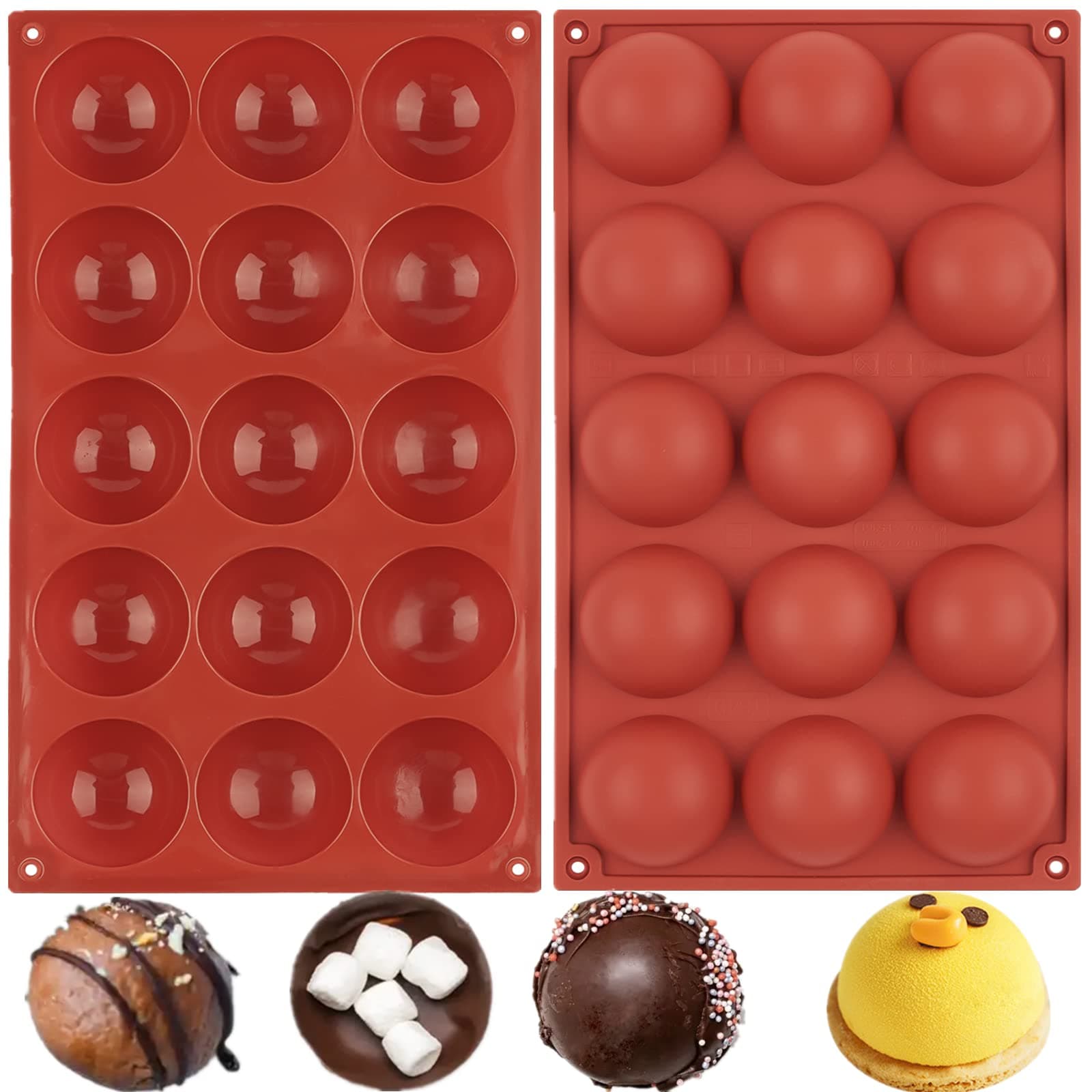 JOERSH 2 Inches Semi Sphere Silicone Mold Chocolate Bombs Mold Half Round Shape Baking Mold for Hot Cocoa Bomb, Cake, Jelly, Pudding, Dome Mousse (15 Cavities, Pack of 2)