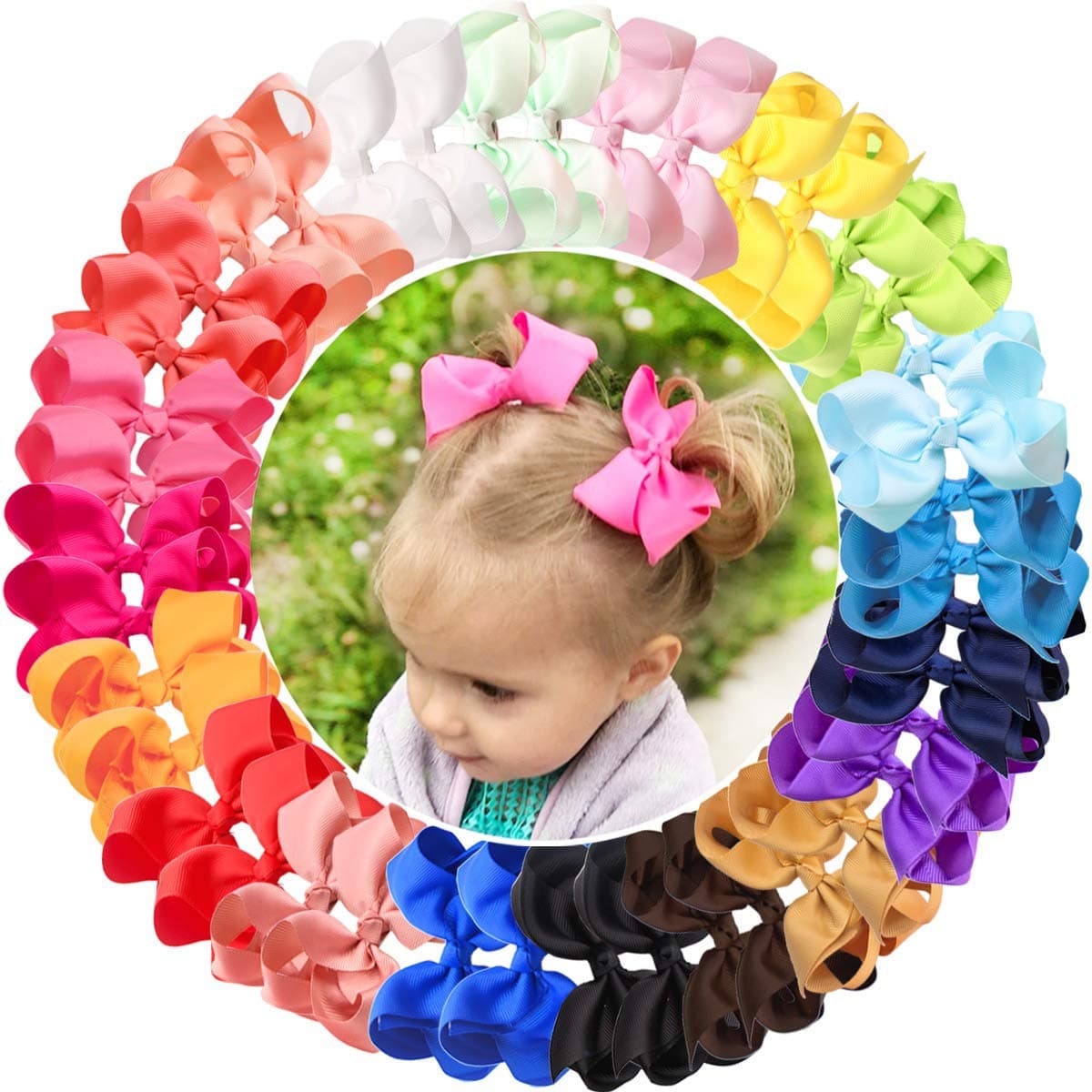 40 Pcs Girls Hair Bows Craft Ribbon Bows for Girls - Medium Size Bright Colors 4.5 Inch Hair Bow Clips for Toddlers, Little Girl