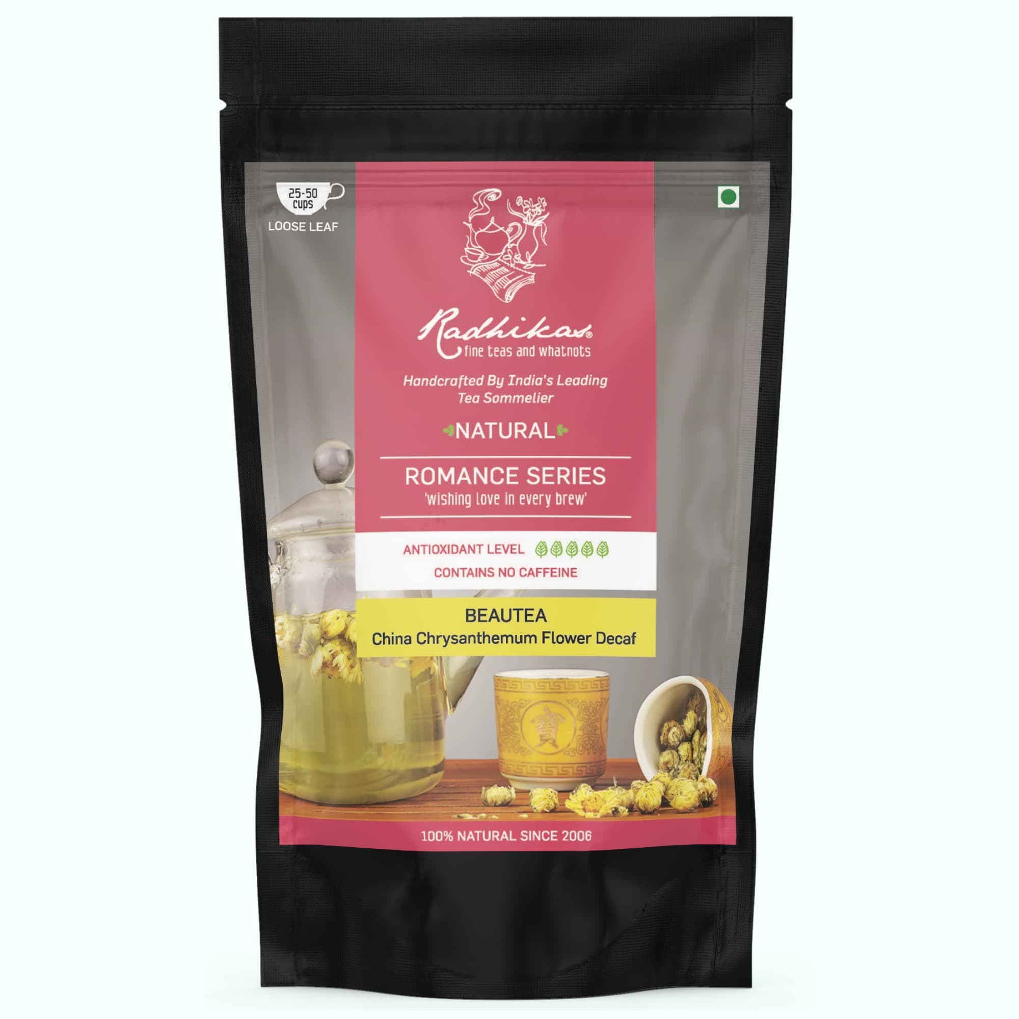 Radhikas Fine Teas and Whatnots BEAUTEA China Chrysanthemum Flower Decaf, Herbal Tea, Dried Flowers, Caffeine Free, Premium Zipper Pack, 50 gm - Makes 25 Cups of Tea
