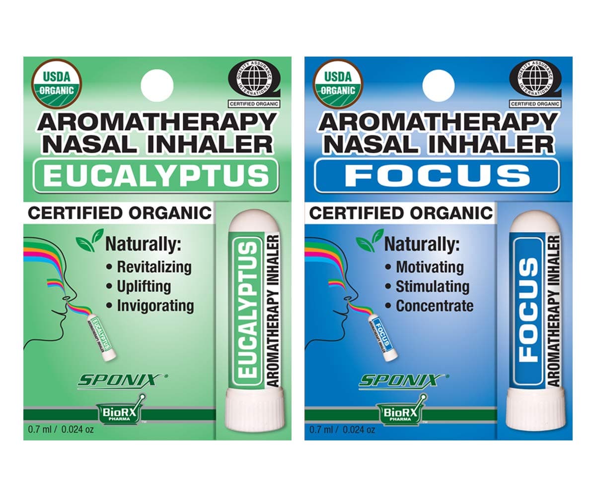 Aromatherapy Nasal Inhaler Pack of 2 Made with Organic Essential Oil - Eucalyptus and Focus - 0.7 mL by Sponix
