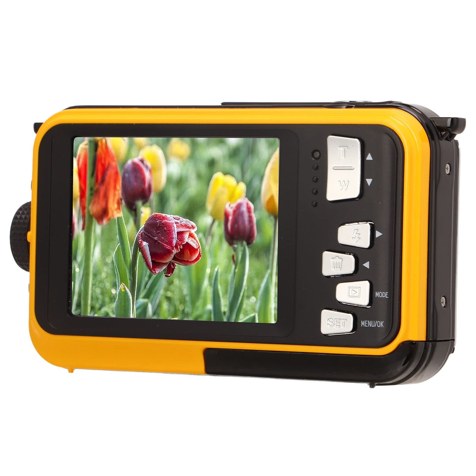 Waterproof Digital Camera, FHD 2.7K 48 MP 10ft Underwater Camera 16X Digital Zoom Front Rear Double Screens LCD Display Selfie Camera Video Recorder for Snorkeling, Gift for Kids Adult(Yellow)