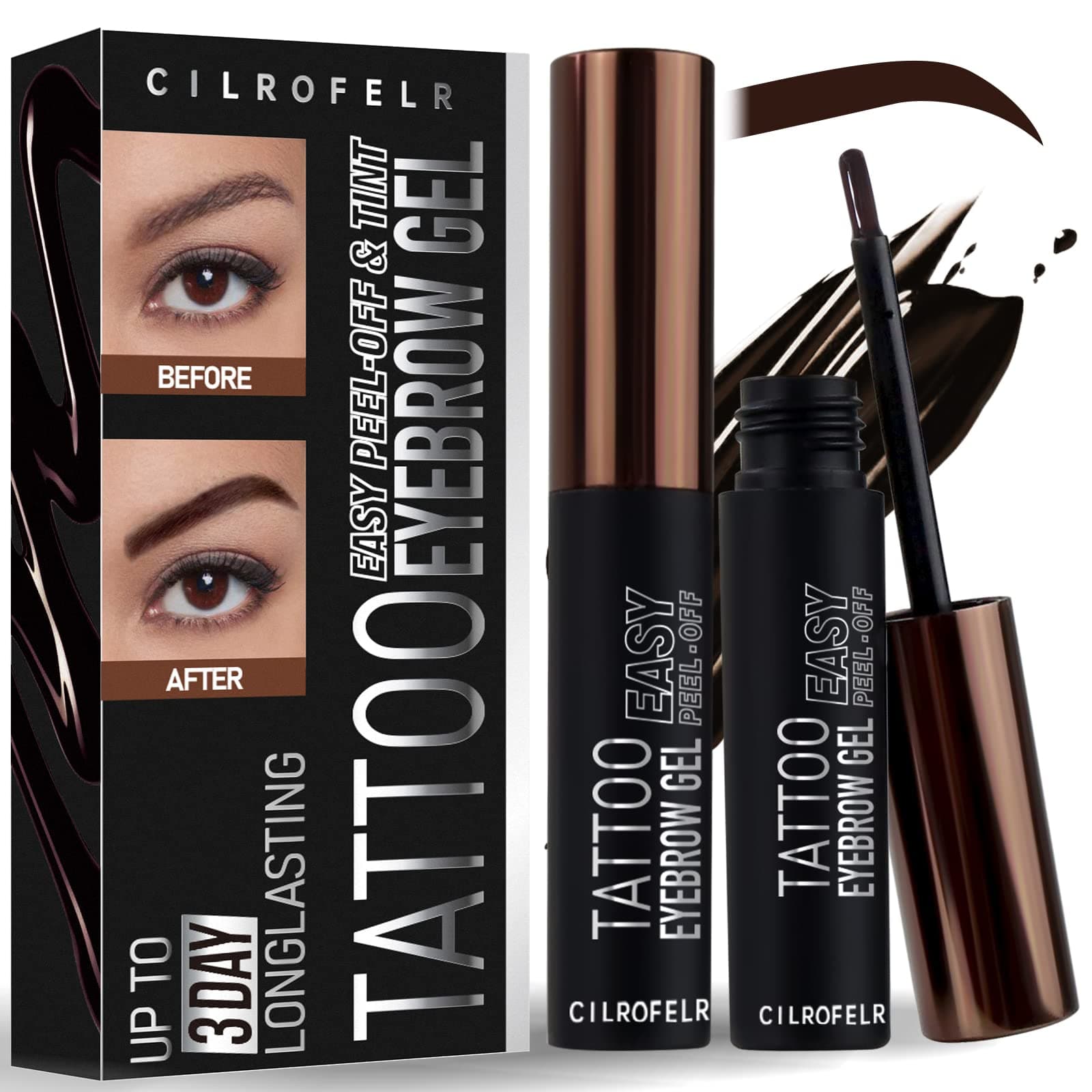 Cilrofelr Tattoo Peel Off Eyebrow Gel Tint, Semi Permanent Tattoo Brow Peel Off Tint Gel, Last Up to 3 Days, Waterproof, Transfer-proof, For Fuller & Defined Looking Brows, Dark Brown (2 Pack)