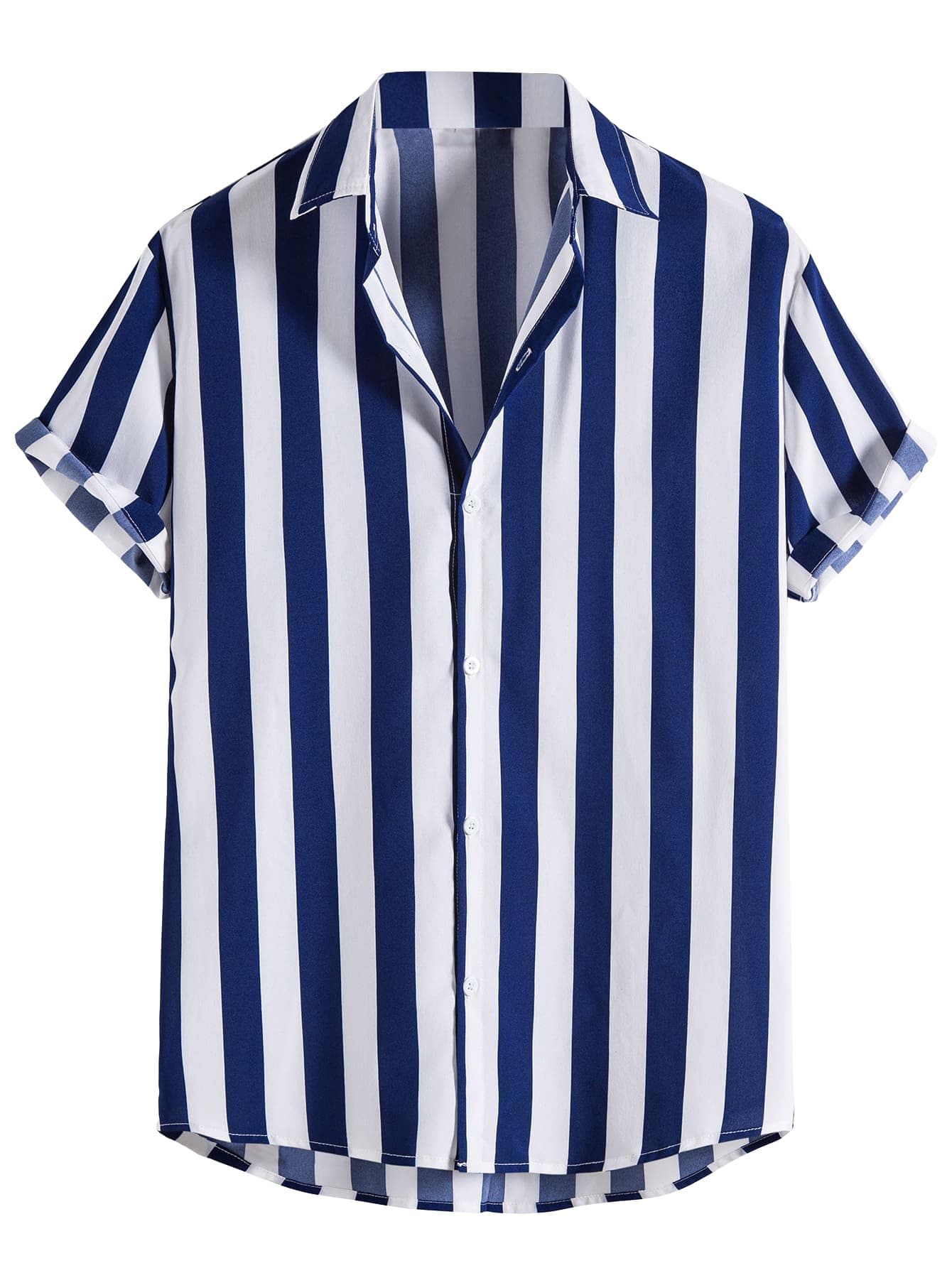 GORGLITTERMen's Striped Button Up Short Sleeve Work Office Linen Shirt Top