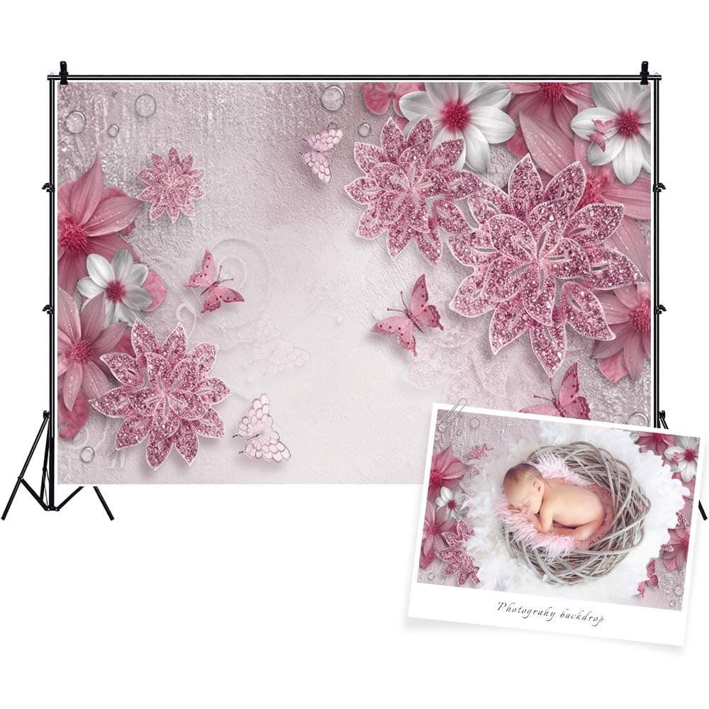 Baocicco 7x5ft Spring Flowers Backdrop White Flowers Water Drops Butterflies Pink Floral Decor Photography Background Wallpaper Decor Girl's Birthday Party Wedding Girls Portrait Studio Prop