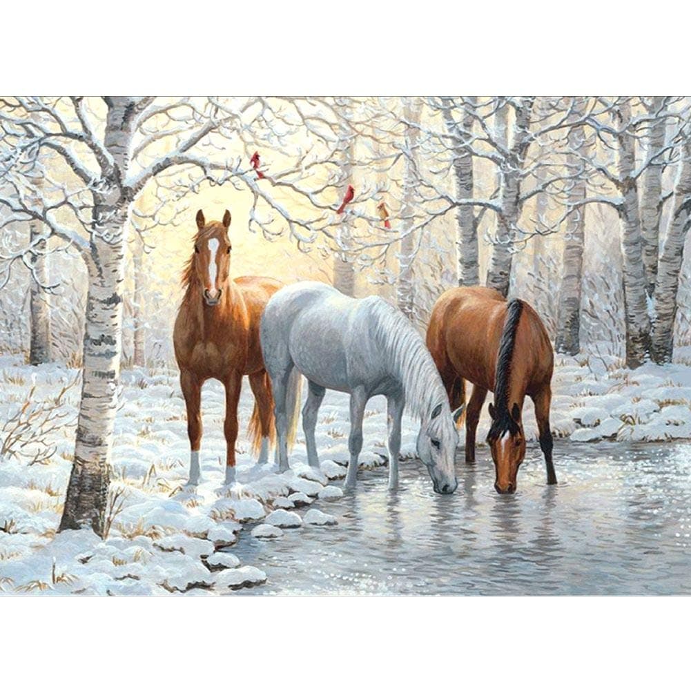 5D Diamond DIY Painting by Number Kits, Diamond Arts Crystal Rhinestone Embroidery Paintings Pictures Canvas Craft 15.7 x 11.8 Inches Three Horses Drink in Winter by Bemaystar