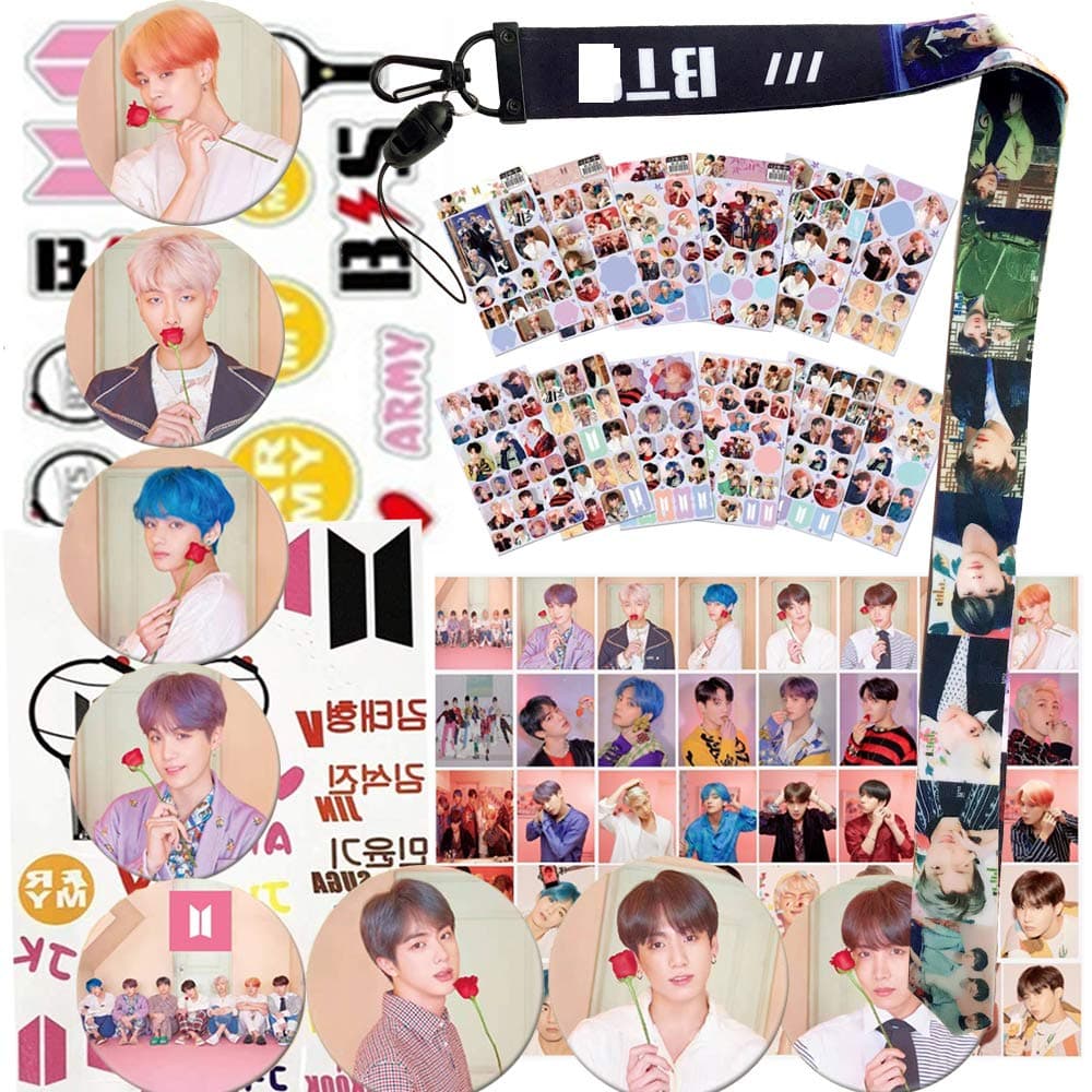 BTS Bangtan Gifts Set for Army - 40PCS LOMO Card Set | 12 Sheets BTS Stickers | 8 Pack BTS Button Pin |1 Pcs BTS Neck Lanyard |1 Pcs BTS Pop Socket | 1PCS Tattoo Stickers | 1PCS 3D Sticker