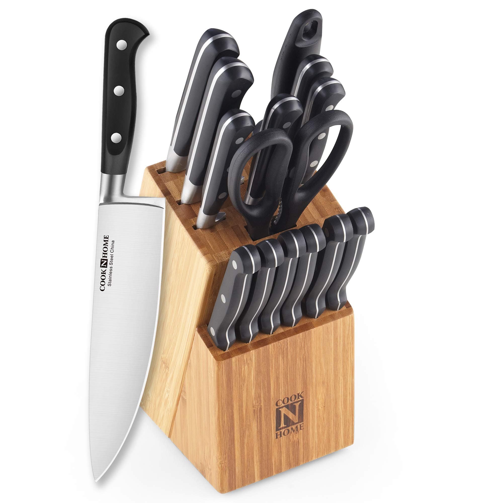 Cook N Home 15-Piece Knife Set with Bamboo Storage Block, Stainless Stee, Silver