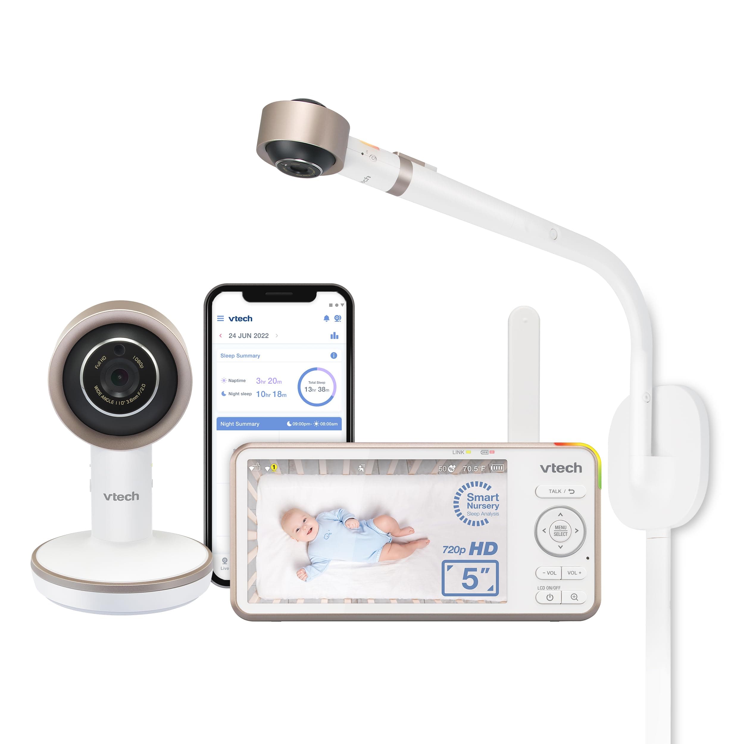 VTech V-Care VC2105 1080p FHD Over-The Crib Mount Smart Baby Monitor 5” 720p LCD Screen,Table Stand,Remote Access,Versatile Placement,Intelligence Detection, Sleep Analysis,18hrs Recording,with WiFi