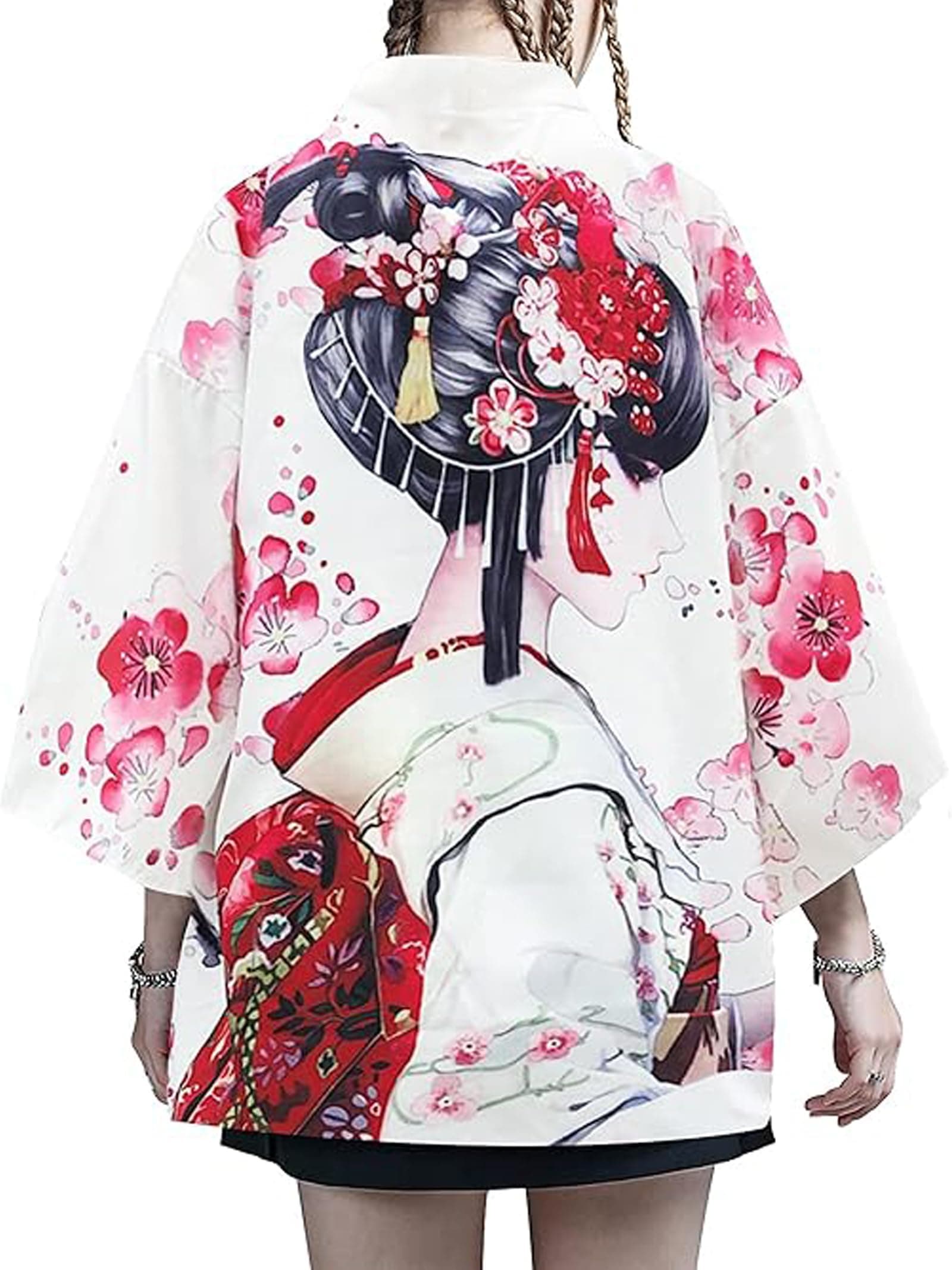 Women's Floral Print Puff Sleeve Loose Blouse Japanese Kimono Cover up Casual Cute Tops