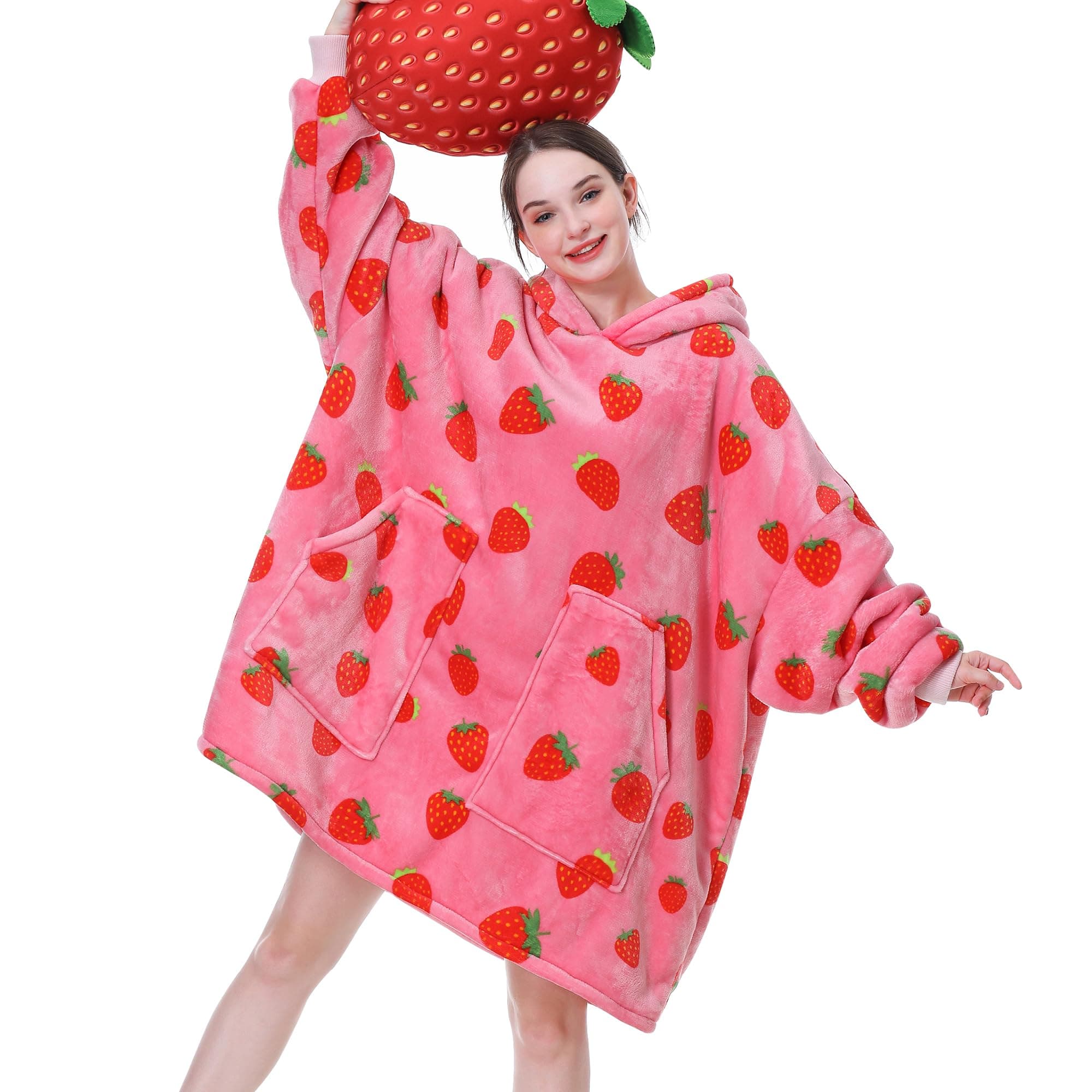 Aemicion Strawberry Blanket Hoodie,Oversized Sherpa Wearable Hooded Blanket,Warm Cozy Sweatshirt Gifts for Women Girls Adult