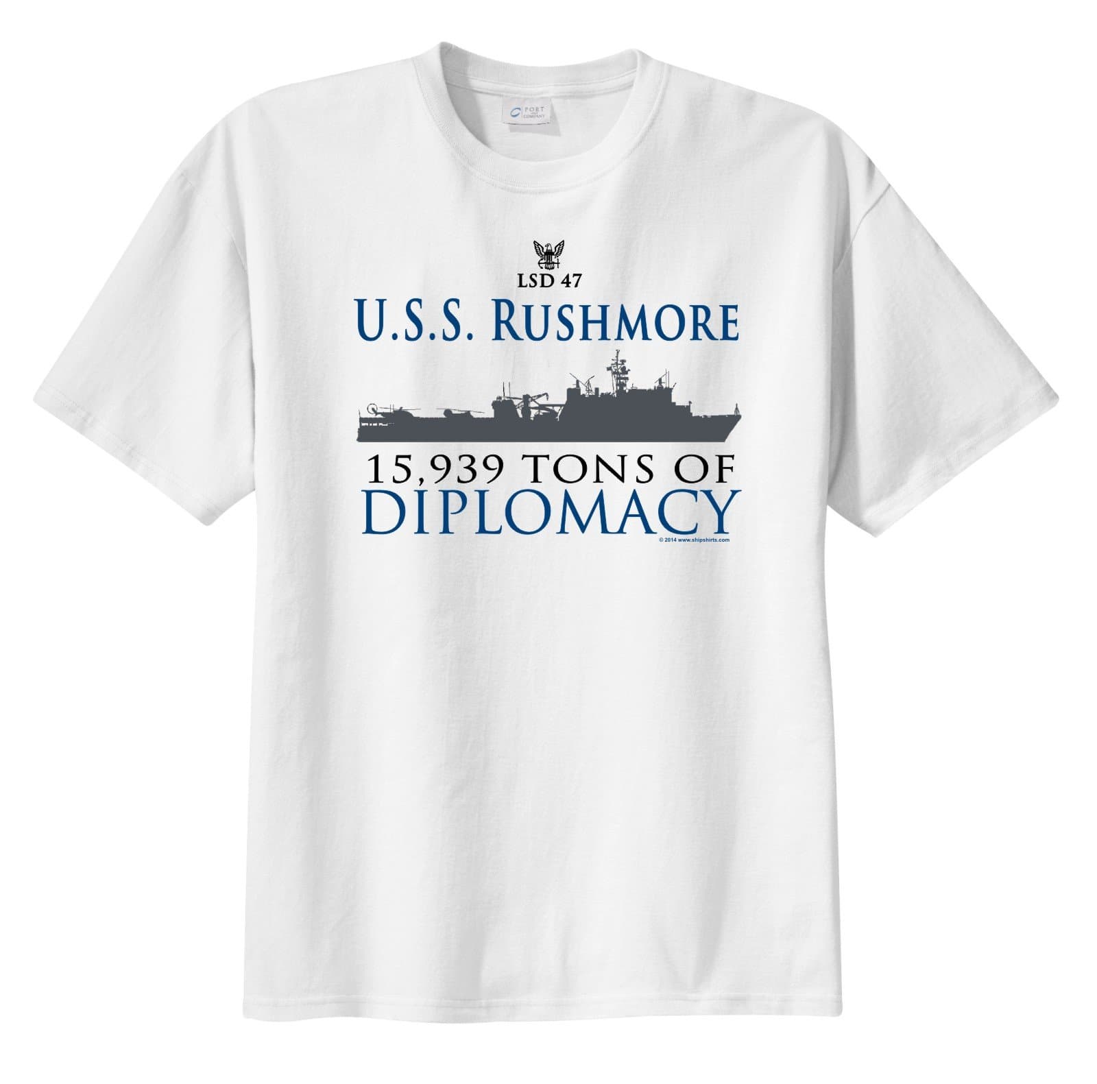 ShipShirts Men's LSD 47 USS Rushmore 15,939 tons of Diplomacy Short Sleeve T-Shirt White XL