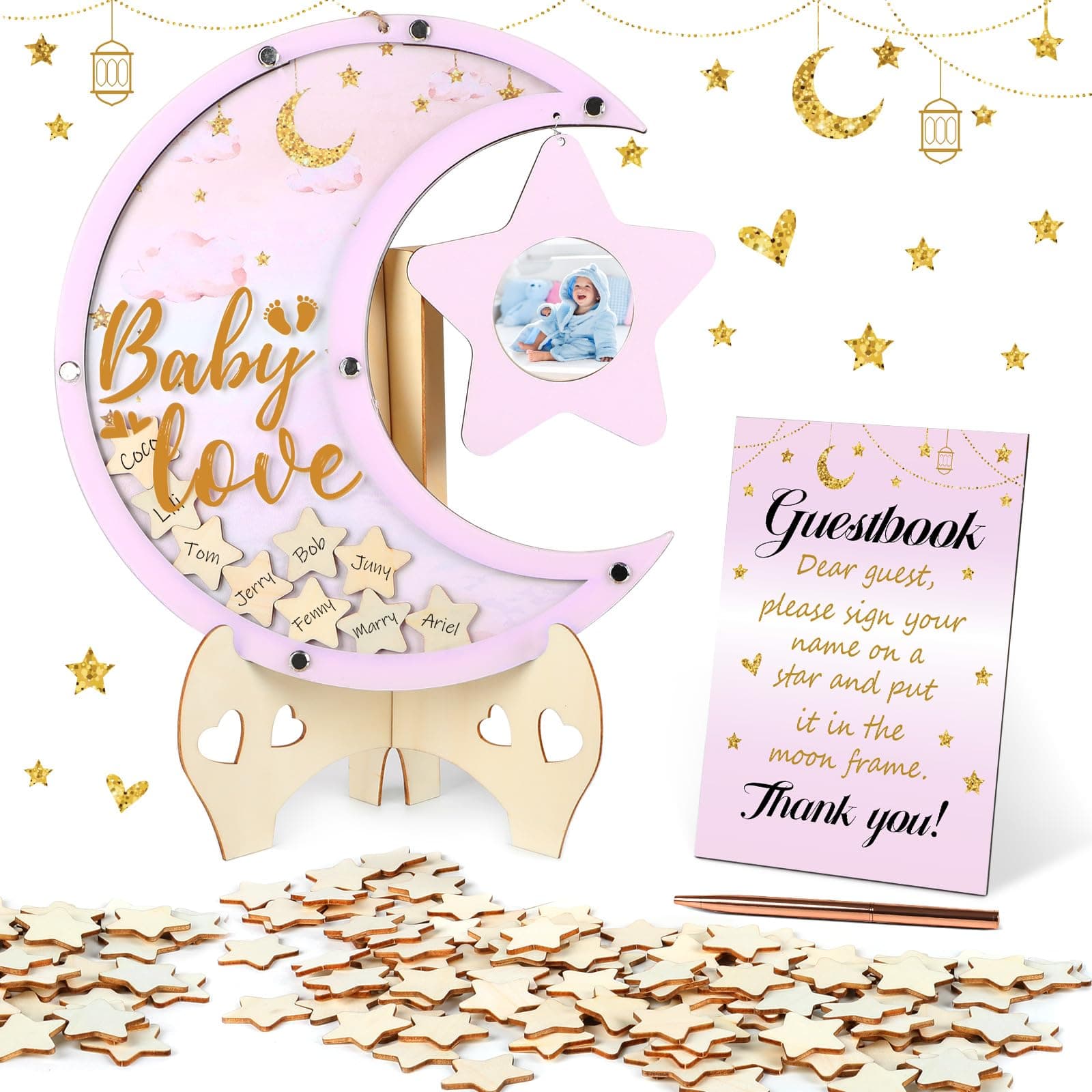 64Pcs Moon Baby Shower Decorations Guest Book with Star Photo Frame Star Cutouts Pink Baby Shower Wooden Sign in Guest Book Alternative for Baby Shower Wedding girls Birthday Party Keepsake 12Inch