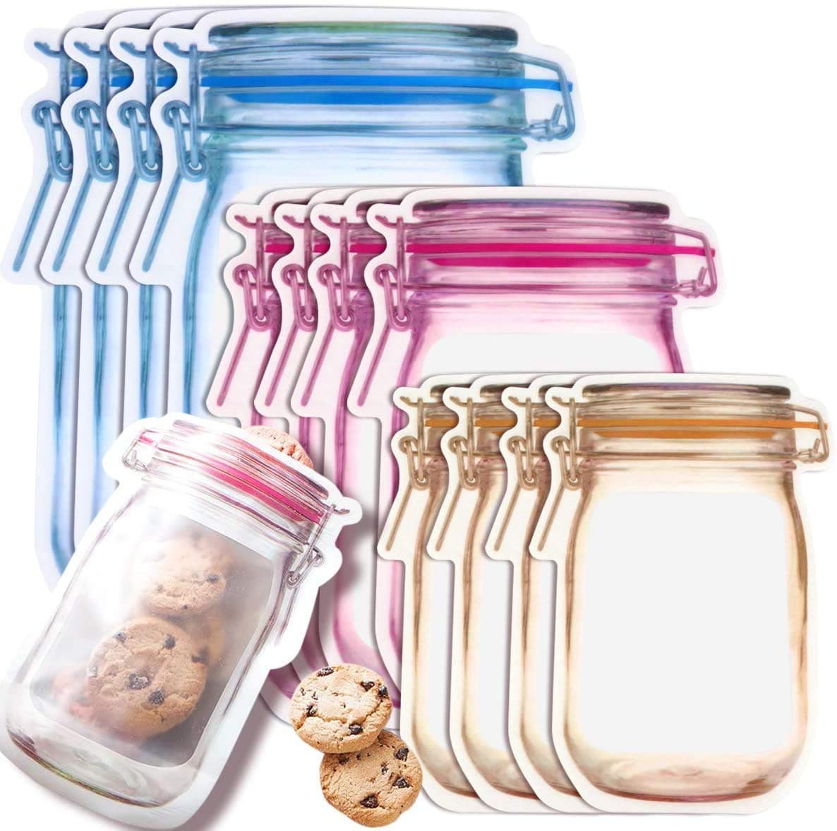 20 Pcs Medium and Large Mason Jar Ziplock Bags Storage, Reusable Freezer Bags for Snack Sandwich Nuts Cookies Airtight Zipper Sealed Baggies