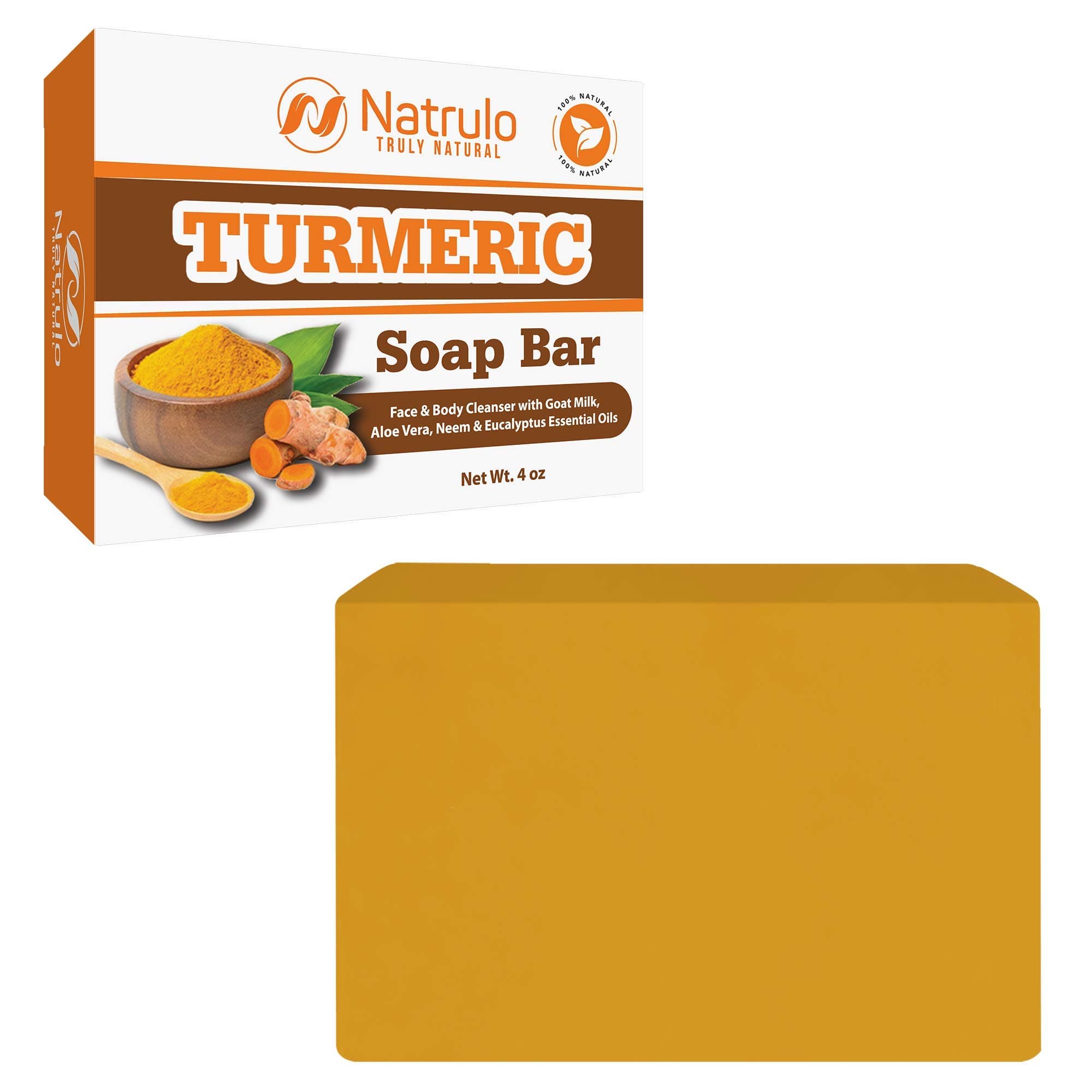 Natrulo Turmeric Soap Bar for Face & Body - All Natural Turmeric Skin Soap - Turmeric Face Soap Reduces Acne, Fades Scars & Cleanses Skin - 4 Oz Turmeric Bar Soap for All Skin Types Made in USA