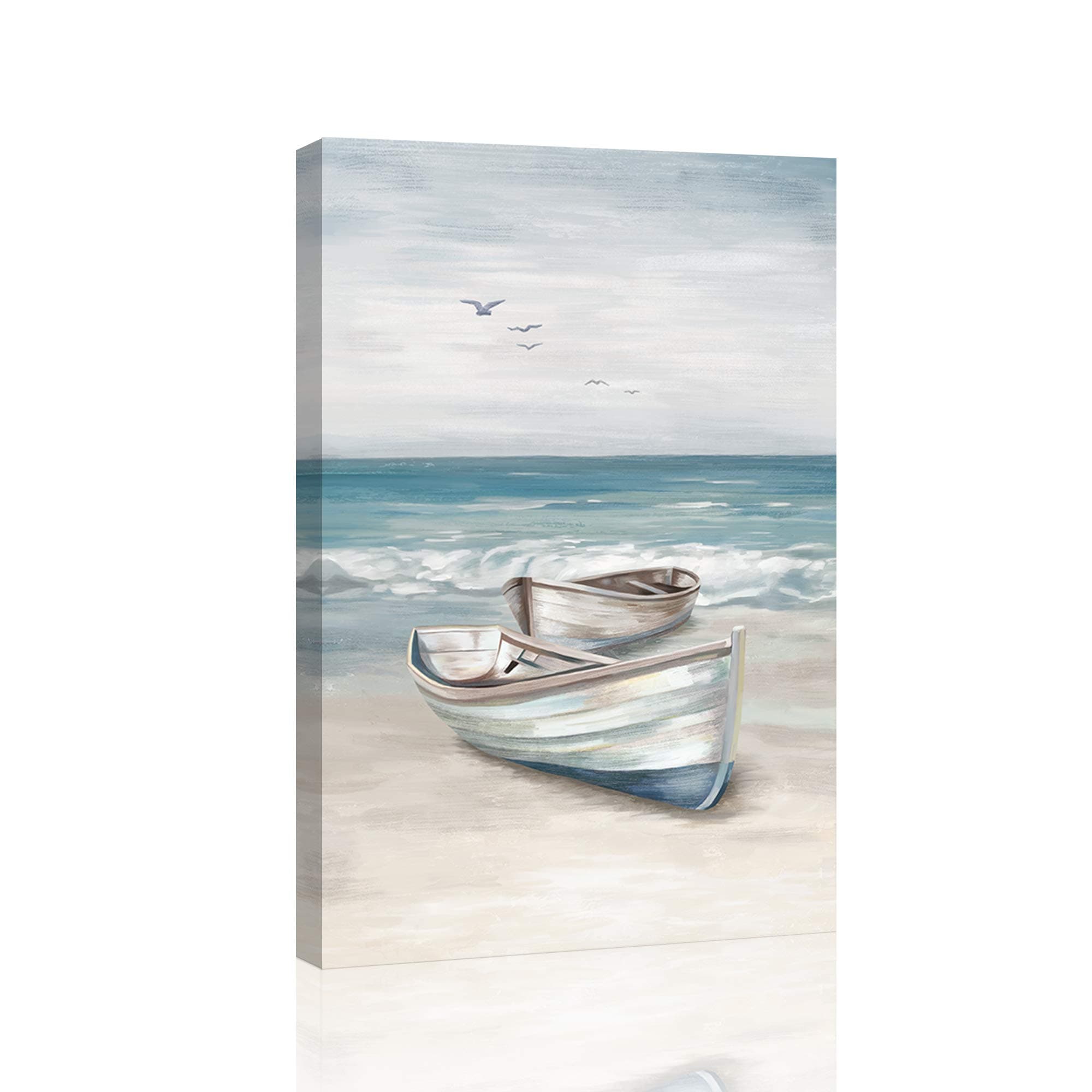 SUMGAR Ocean Wall Art Blue White Sea Canvas Paintings Sandy Beach Pictures Boat Coastal Artwork Framed Seashore Prints Seaside View Home Decor for Bathroom Living Room Bedroom 40x60cm