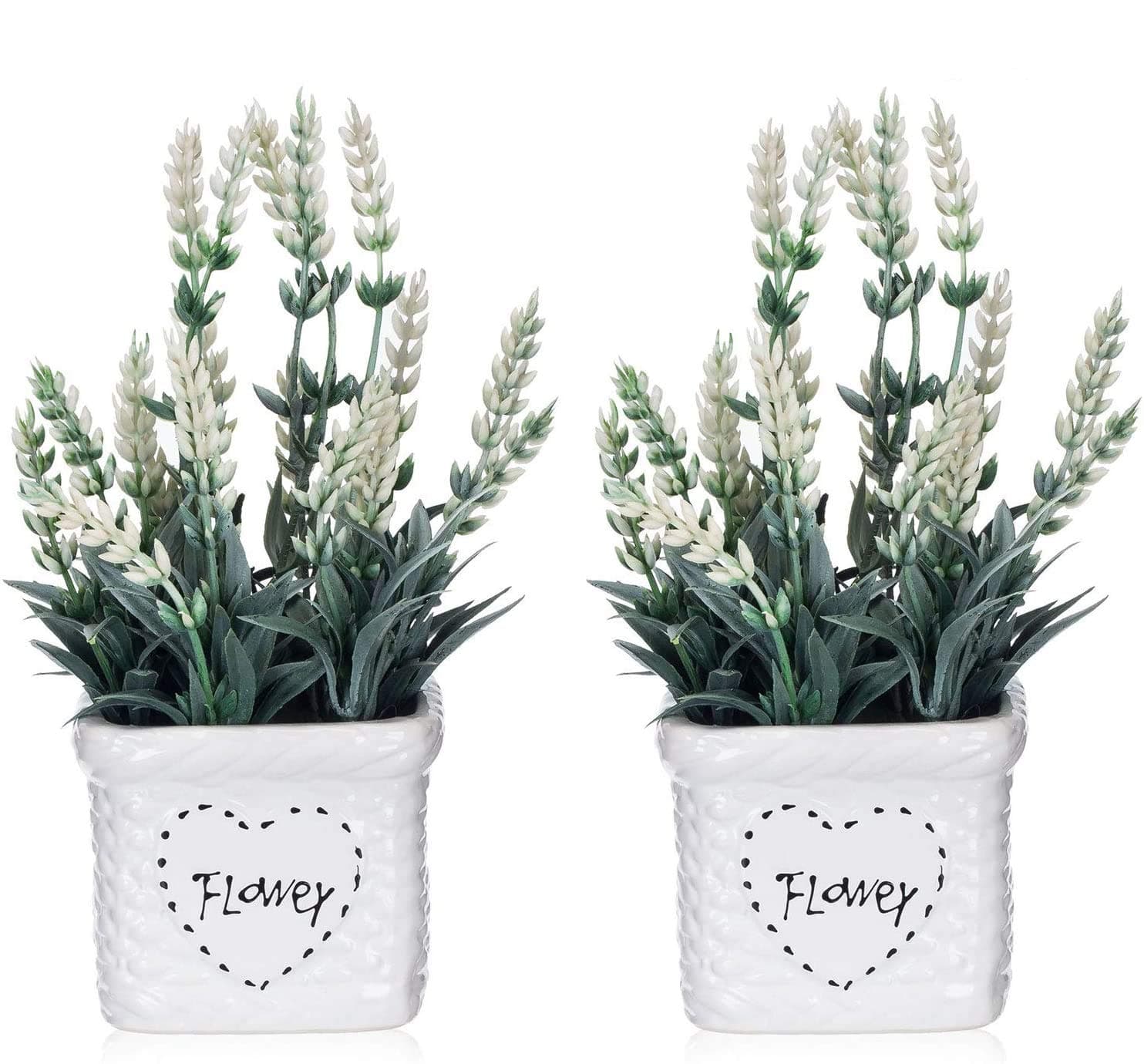 YAPA Lavender Flowers Artificial Plants with White Vase - Potted White Fake Flower for Farmhose Table Decor (Set of 2)