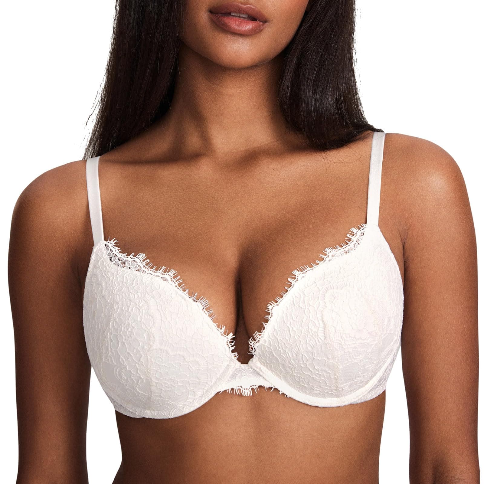 DOBREVAWomen's Push Up Bra Eyelash Lace Sexy Cleavage Underwire Support Plunge Bras