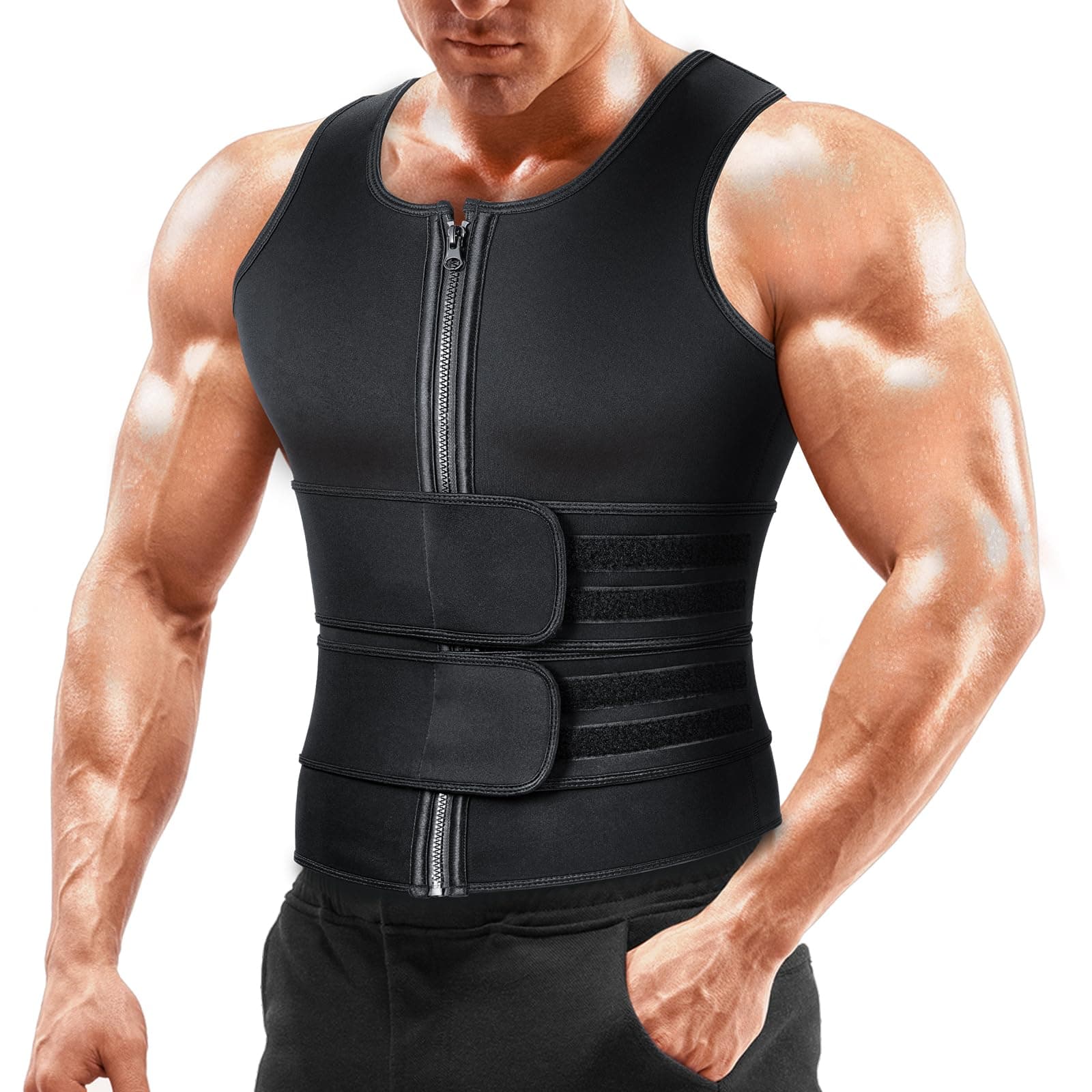 Men's Black Sauna Vest - 2 Belts Sweat Sauna Vest (pack of 1)
